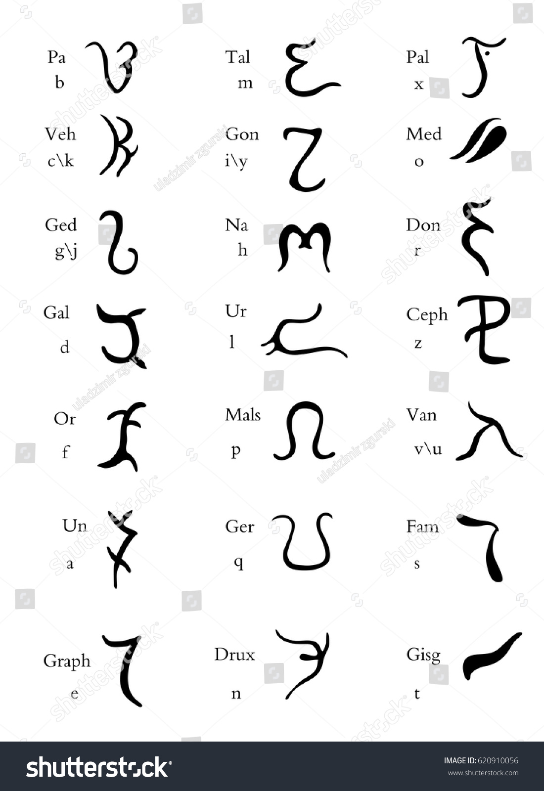 Set Hand Drawn Enochian Magical Alphabet Stock Vector 620910056