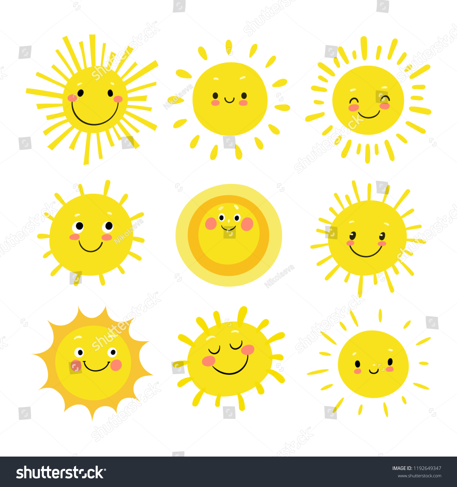 Set Hand Drawn Funny Cute Sun Stock Vector (Royalty Free) 1192649347 ...