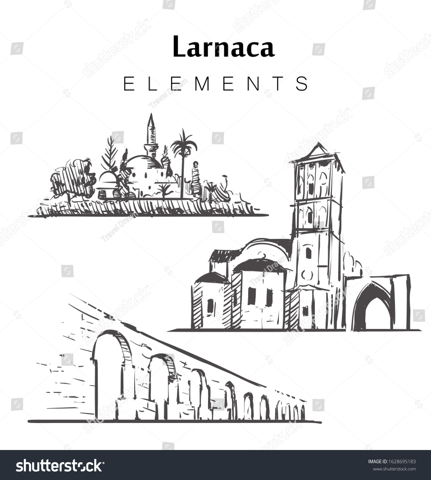 SVG of Set of hand-drawn Larnaca buildings  elements sketch vector illustration. The Hala Sultan Tekke, The Church Of Saint Lazarus, The Kamares Aqueduct. svg