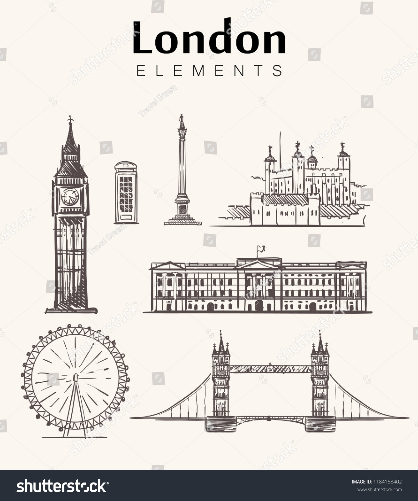 SVG of Set of hand-drawn London buildings.London sketch vector illustration.Big Ben,tower bridge,Buckingham palace,Trafalgar square,Ferris wheel. svg