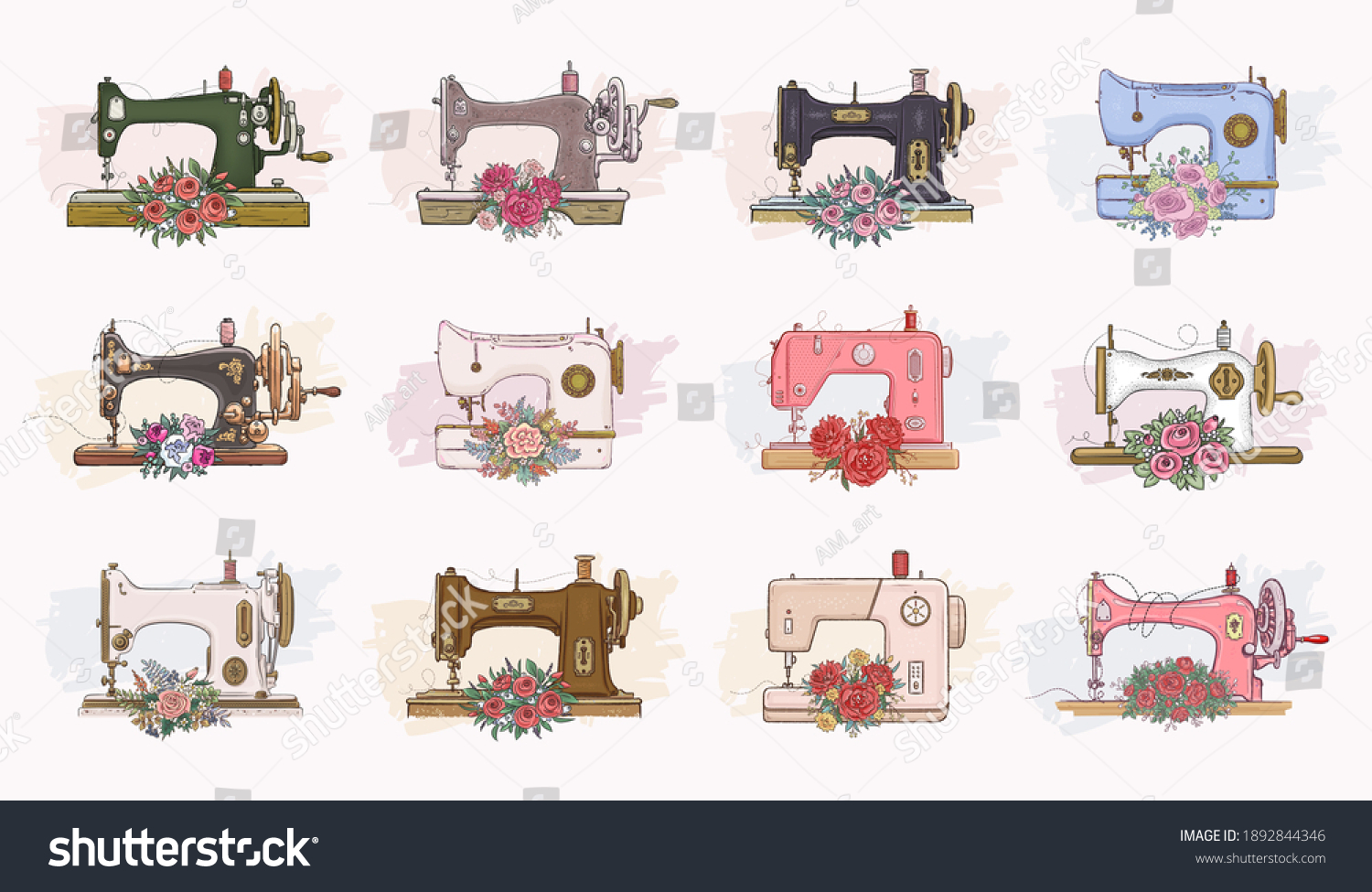 Set Hand Drawn Retro Sewing Machines Stock Vector Royalty Free 1892844346