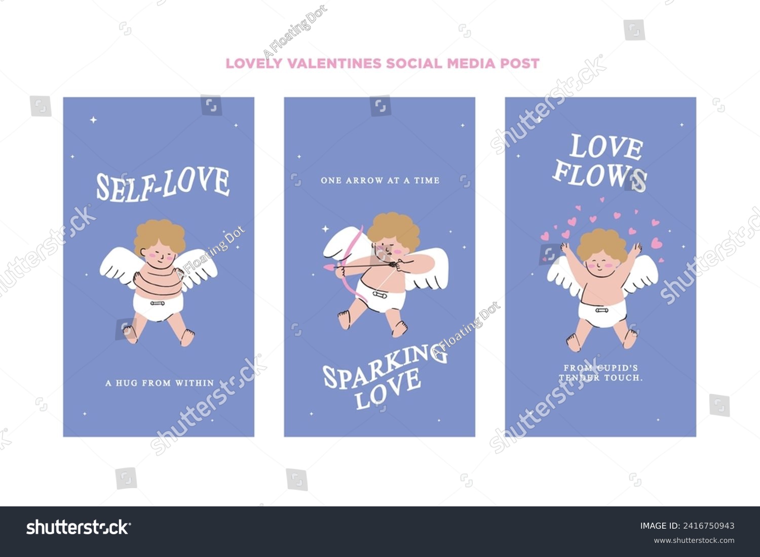 SVG of Set of hand drawn social media templates with cute cupids with different poses and facial emotions for Valentine's Day promotion in a set for banner, feed, background, card, and ads svg