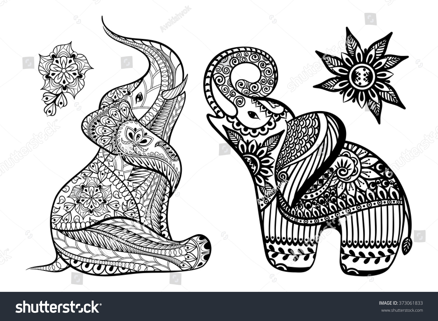 SVG of Set of Hand drawn stylized elephants with decorative tribal ethnic ornament in zentangle style. Vector animal patterned illustration isolated on white background for coloring book. svg