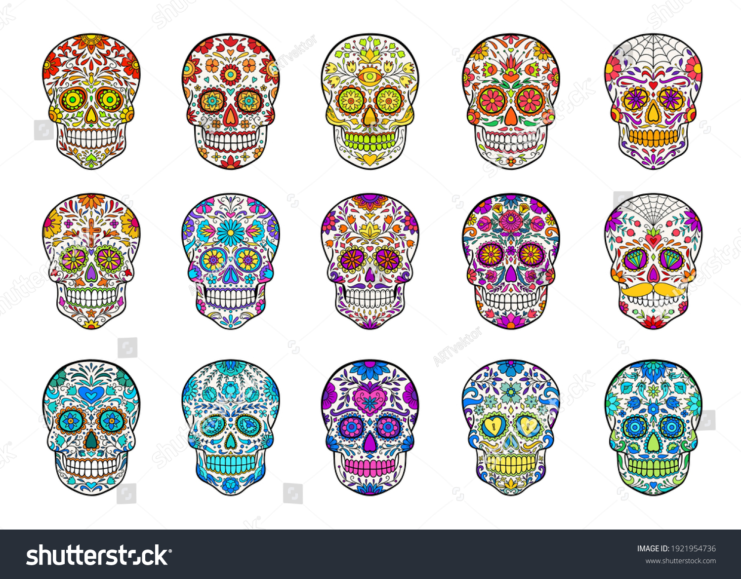 Set Hand Drawn Sugar Skulls Collection Stock Vector (Royalty Free ...