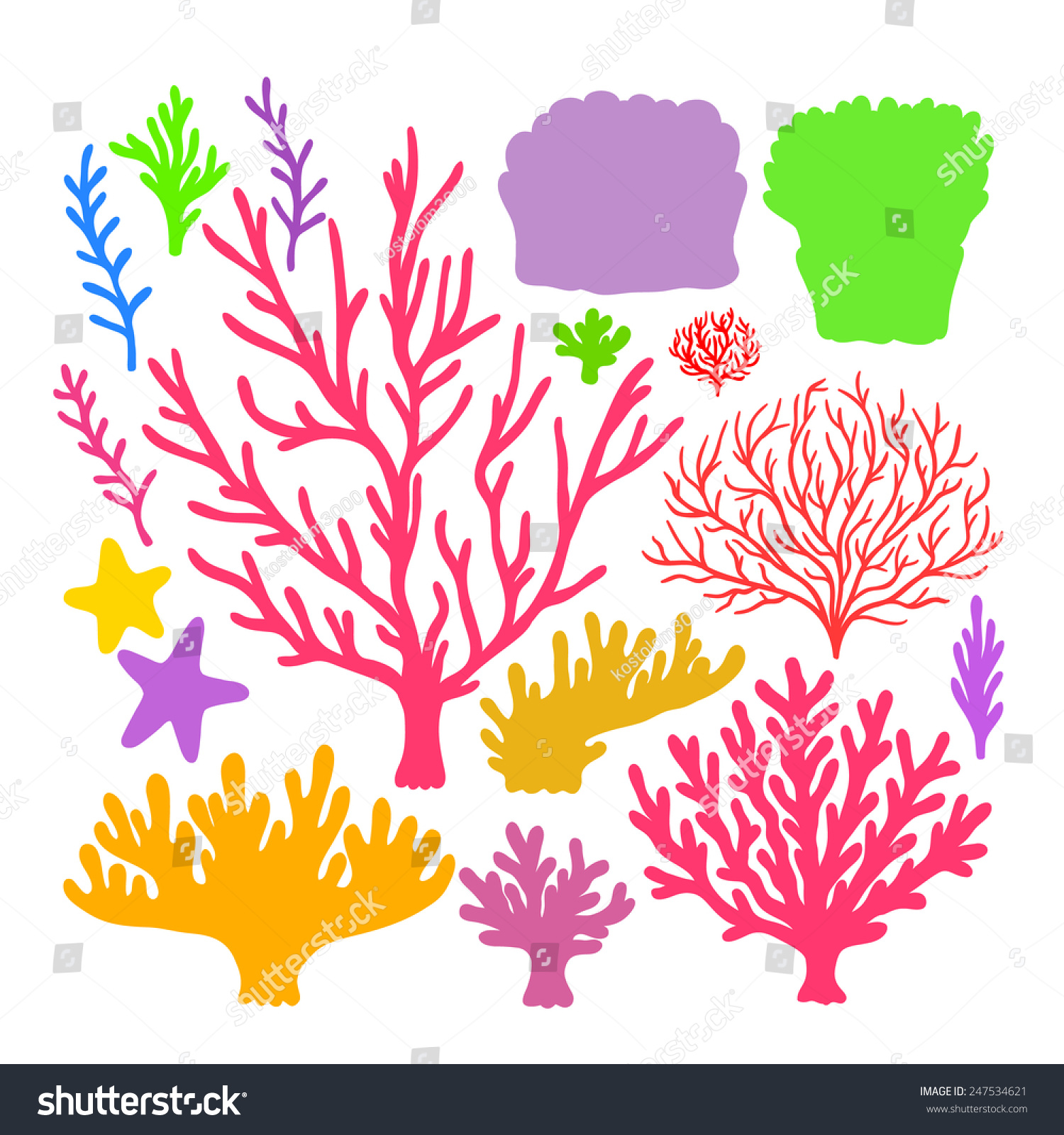 Set Of Hand Drawn Vector Colorful Underwater Coral Reef Design Elements ...