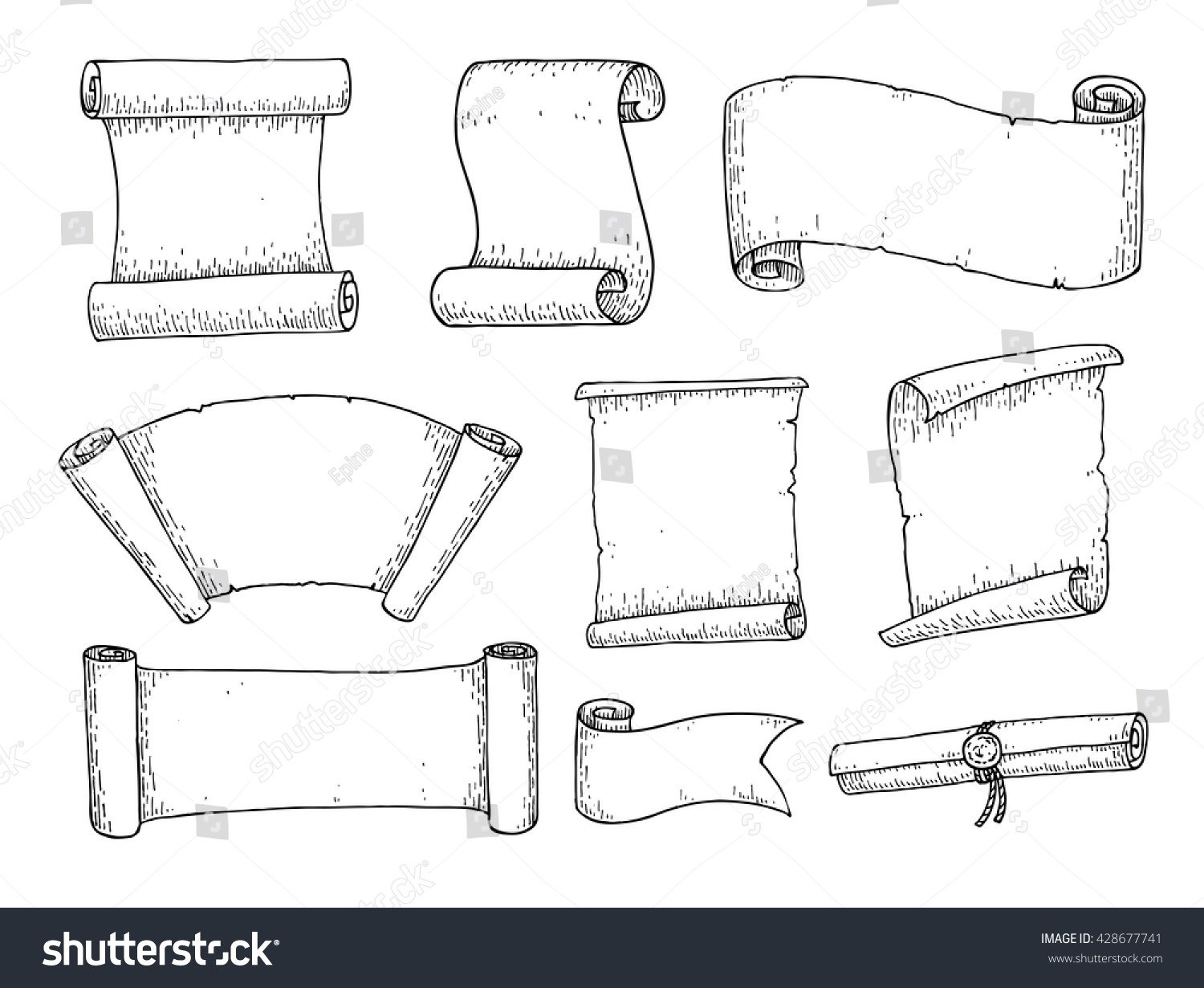 Set Hand Drawn Vector Scrolled Ribbons Stock Vector (Royalty Free ...