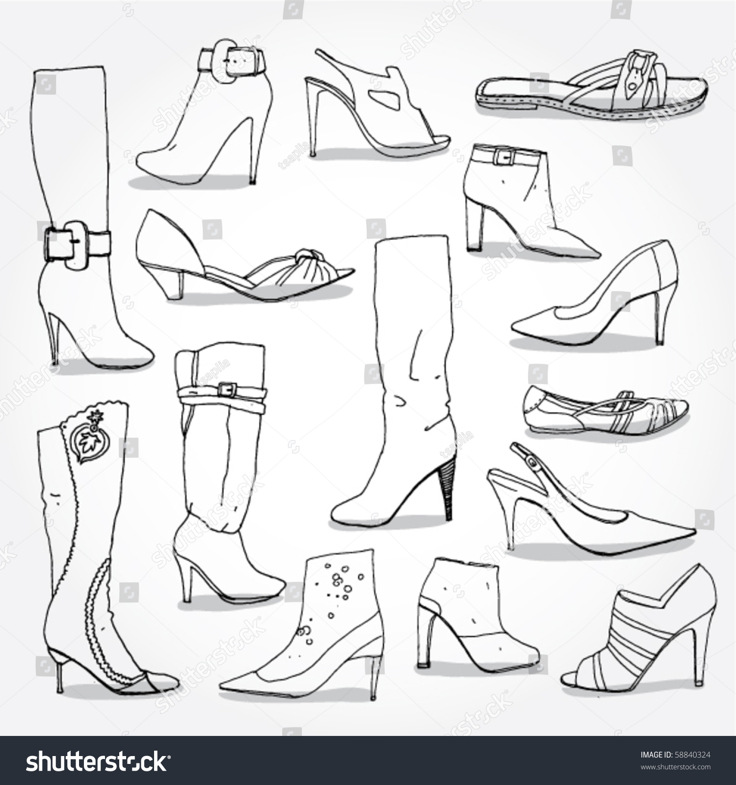 Set Hand Drawn Womens Shoes Outline Stock Vector 58840324 - Shutterstock