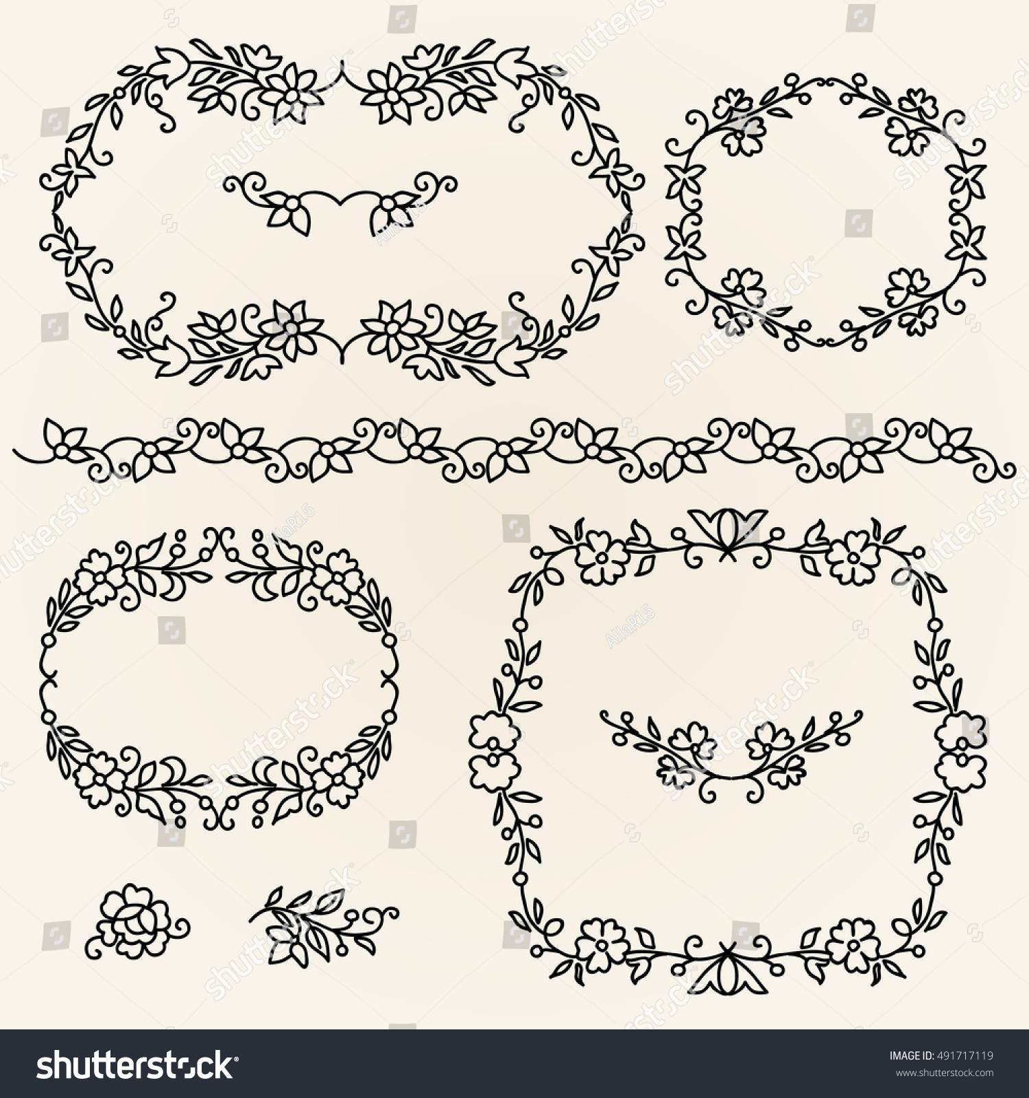 Set Hand Drawn Wreaths Romantic Floral Stock Vector Royalty Free 491717119 Shutterstock 1105