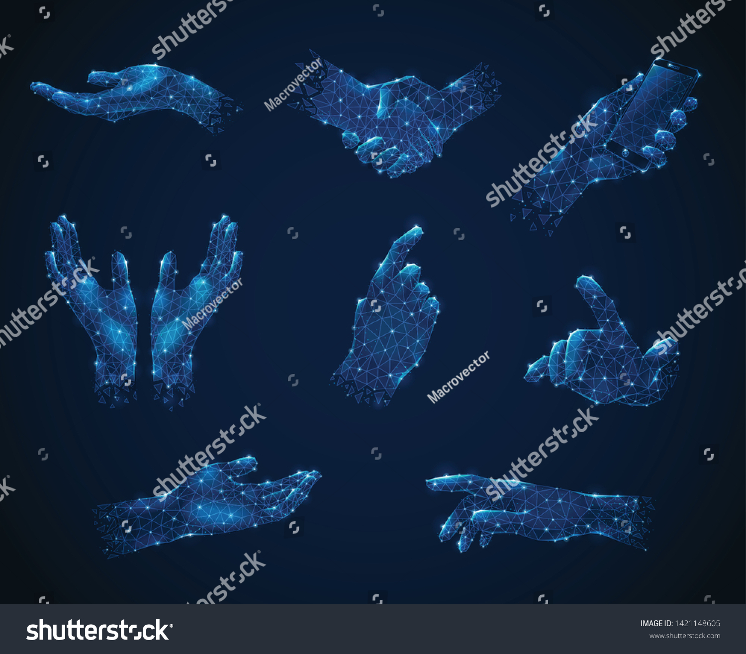 Set Hand Gestures Blue Polygonal Wireframe Stock Vector (Royalty Free ...