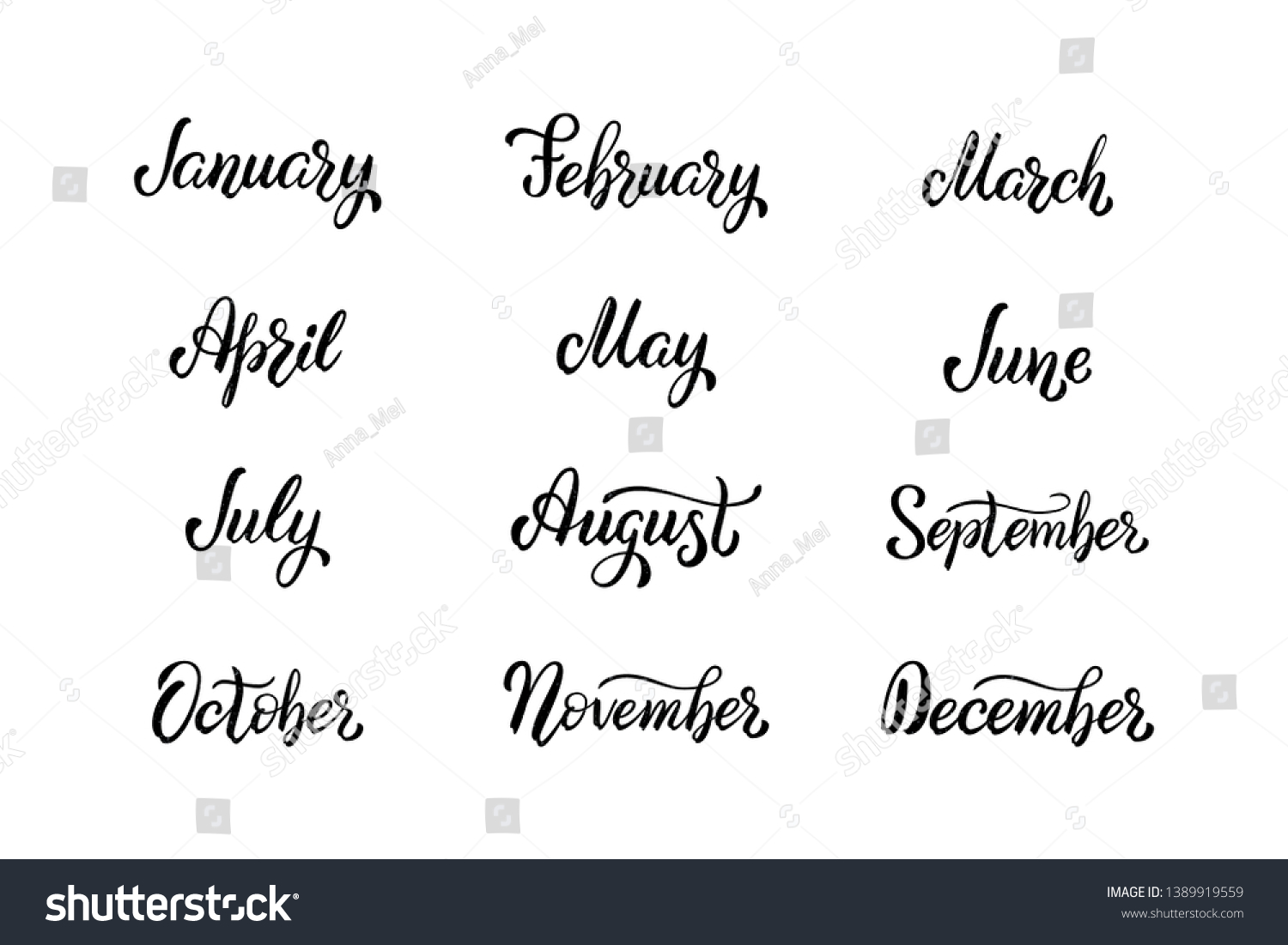 Set handwritten names months december january vetor stock livre de
