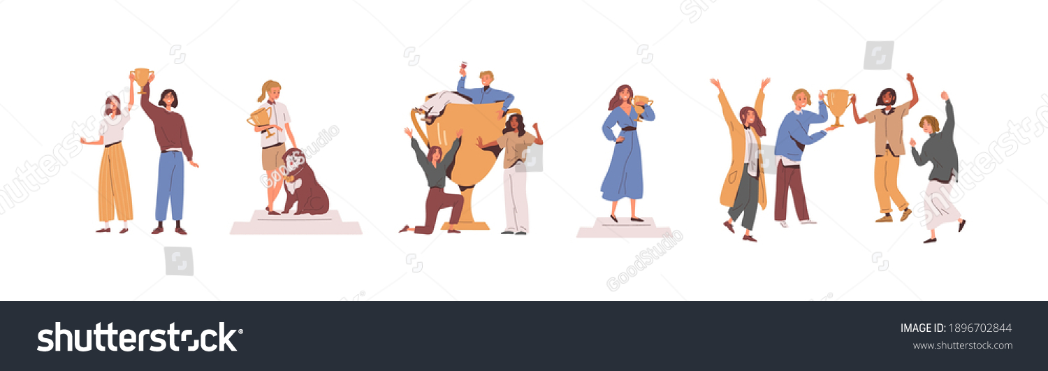 SVG of Set of happy competition champions holding golden cups and standing on pedestal. Success of male, female and dog winners awarded with prize. Flat vector illustration isolated on white background svg
