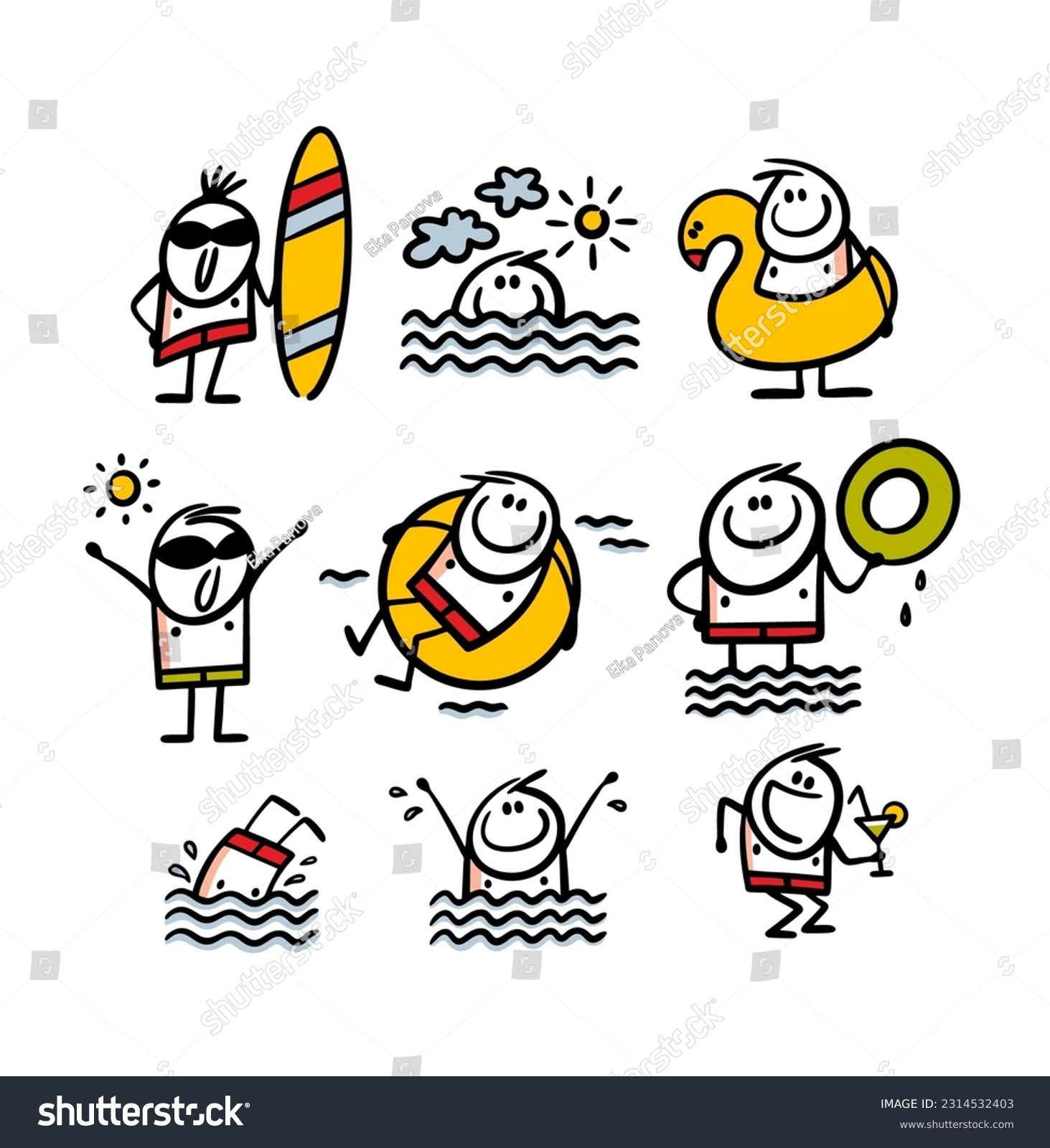 SVG of Set of happy people resting on the beach. Vector illustration of swimming, surfing and having fun young boys near the sea coast.   Cartoon collection of stickman  isolated on white background. svg