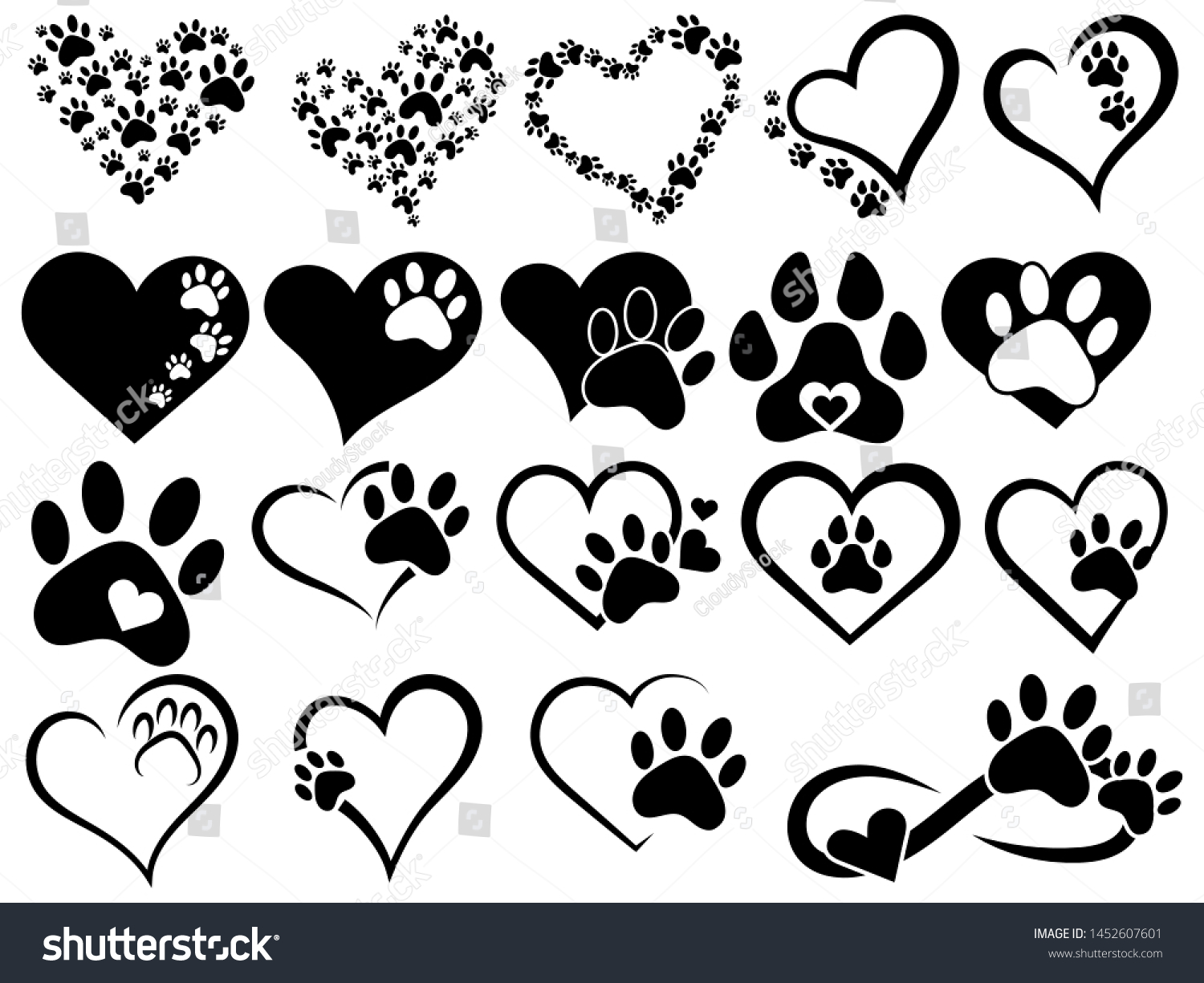 犬と猫の手を持つハートのセット ペットの足跡を持つ白黒のロゴのコレクション 動物への愛を象徴するハートのベクターイラスト タトゥー のベクター画像素材 ロイヤリティフリー