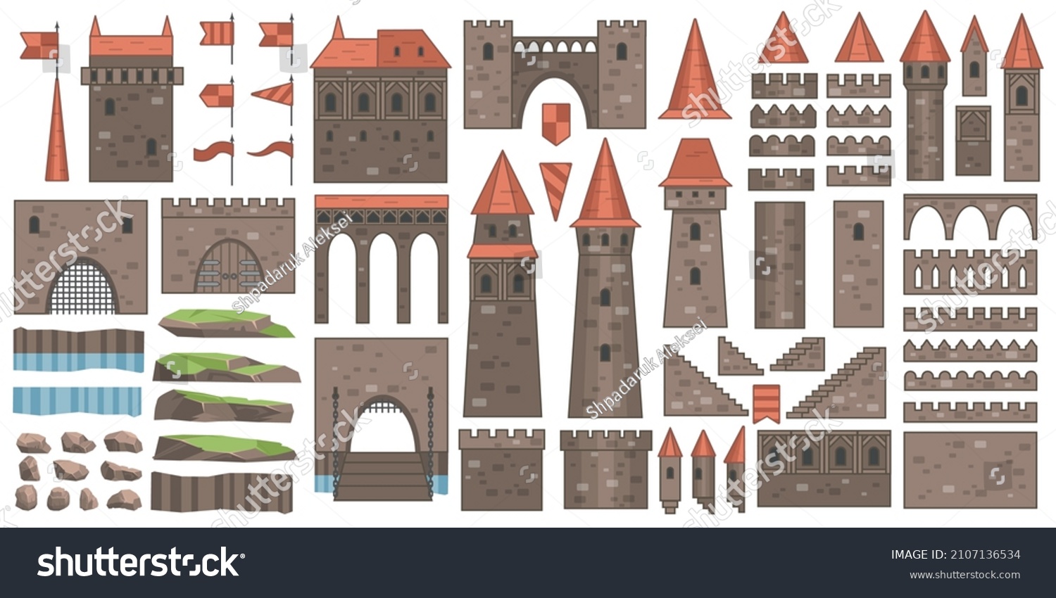 SVG of Set of historical fairy-tale house bastion constructor isolated on white background.Castle constructor, fortress and medieval palace fort with towers, vector isolated elements.  svg