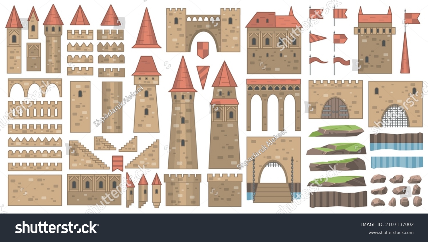 SVG of Set of historical fairy-tale house bastion constructor isolated on white background.Castle constructor, fortress and medieval palace fort with towers, vector isolated elements.  svg