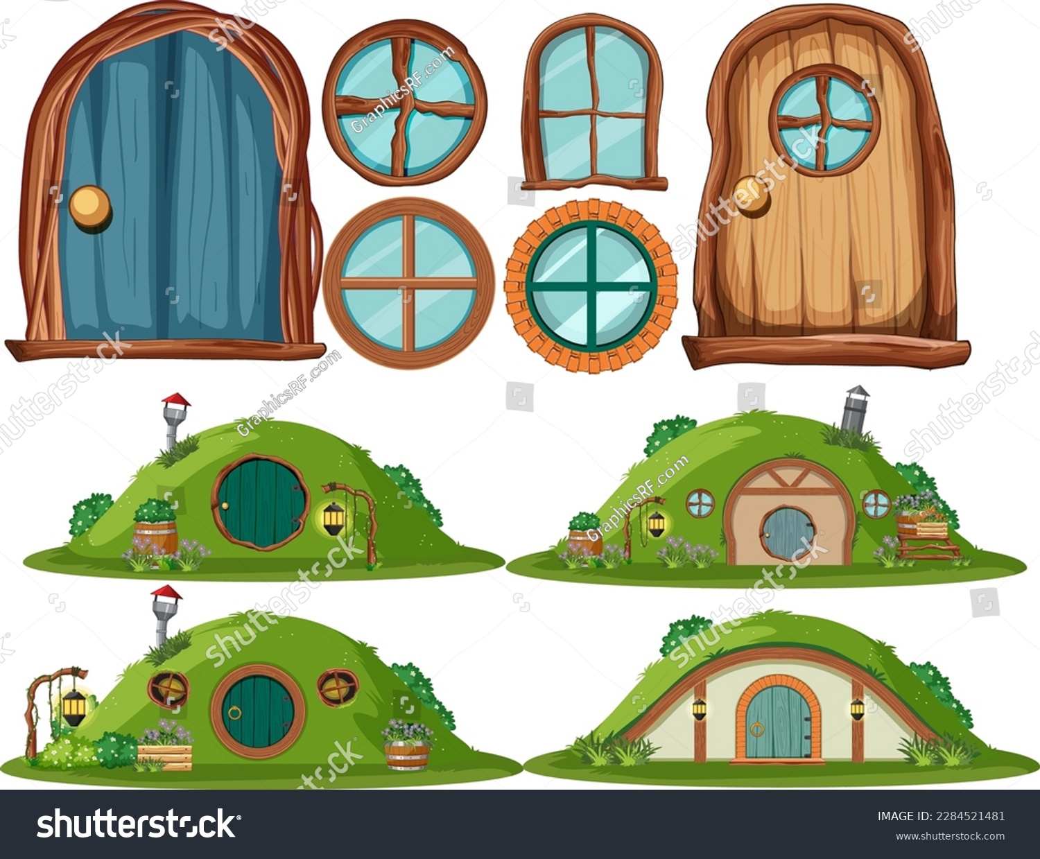 SVG of Set of hobbit house with seperate door and window illustration svg
