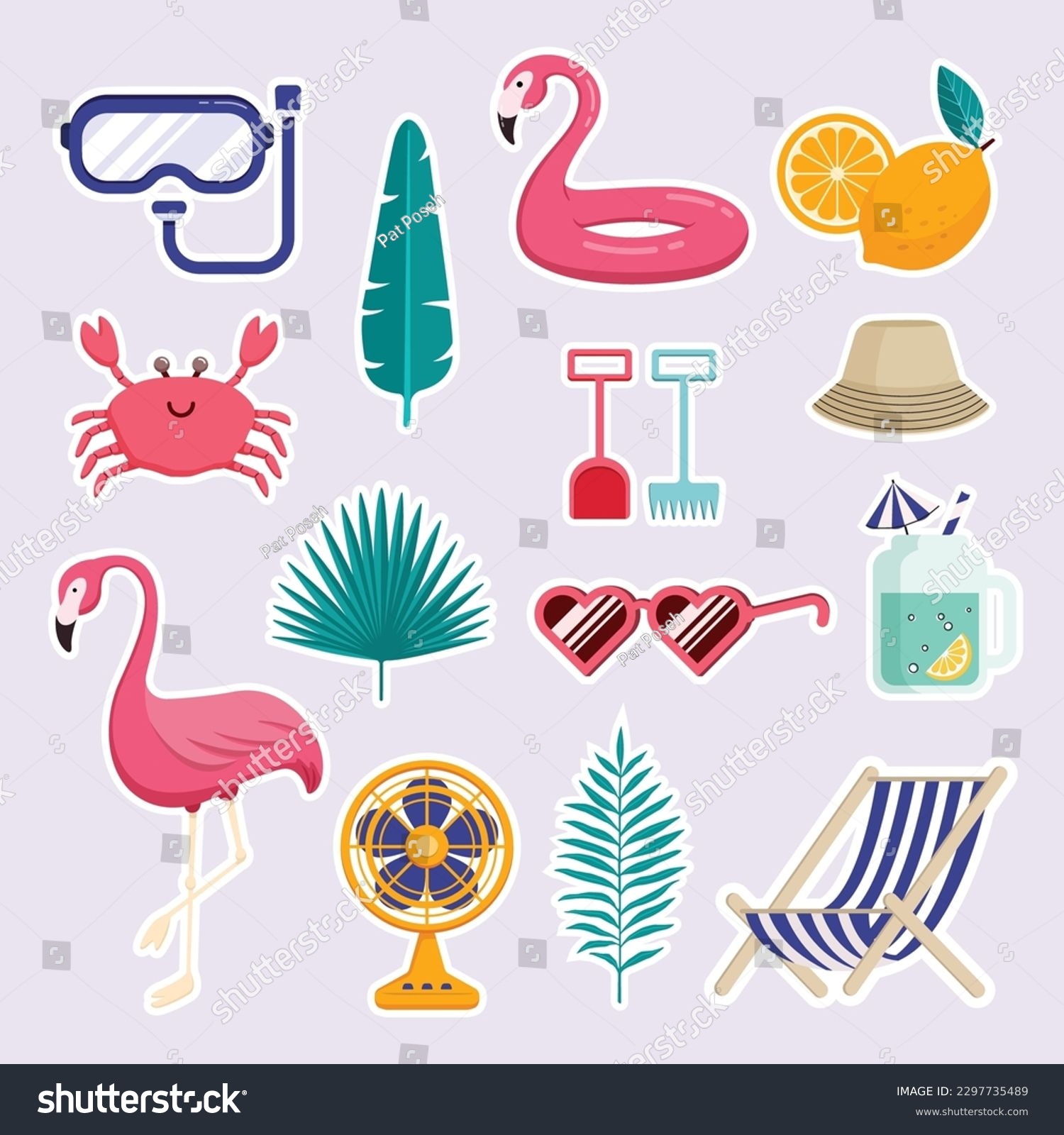 SVG of Set of Holiday Summer Beach Elements. Flat Design Illustration. Lemon, Crab, Palm Leaf, Fan, Shovel, Tropical Leaf, Sunglasses, Cocktail, Flamingo, Goggles, Bucket Hat, Beach Chair. svg