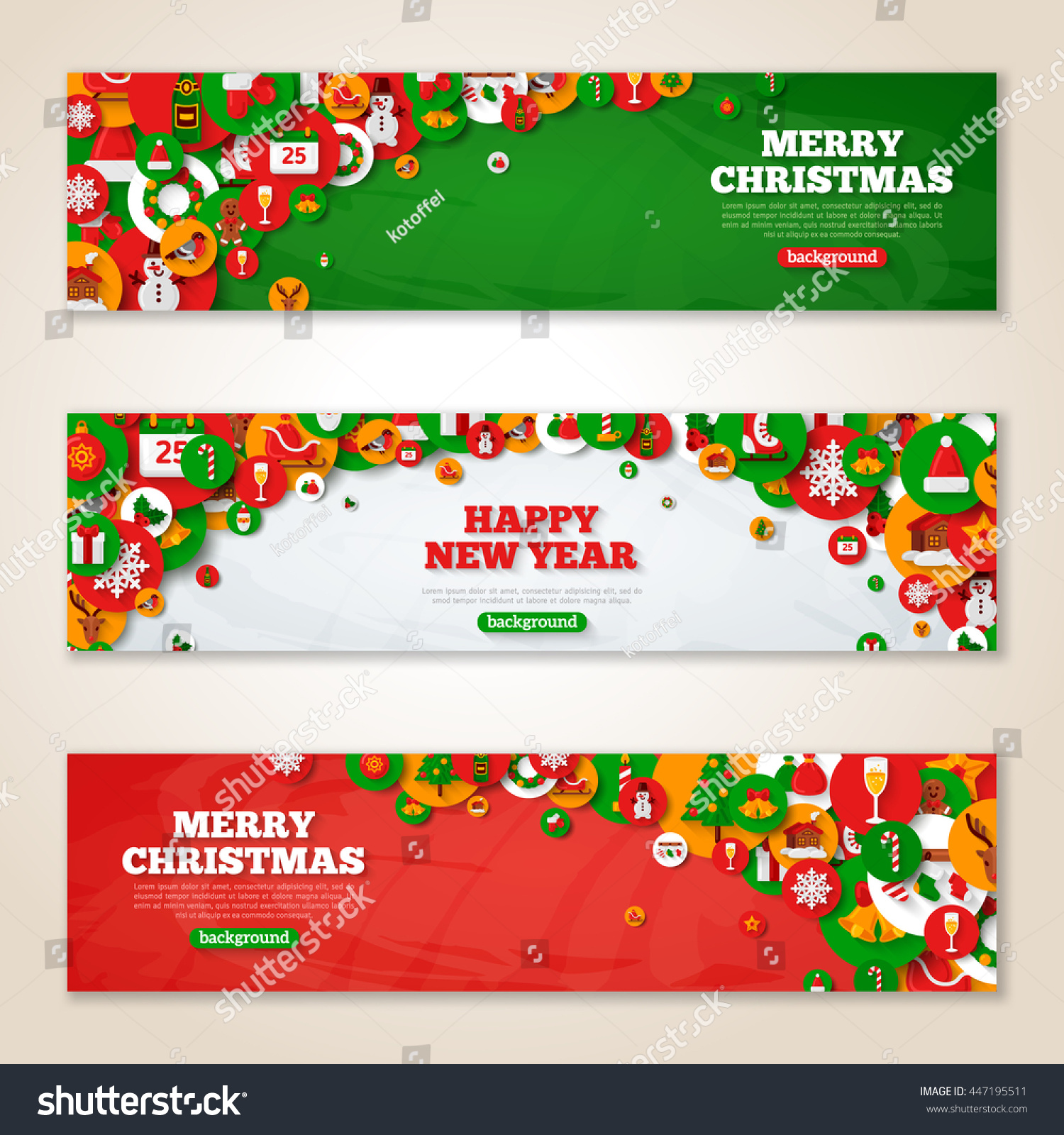 Set of horizontal Christmas banners with flat holiday icons in circles Vector illustration New