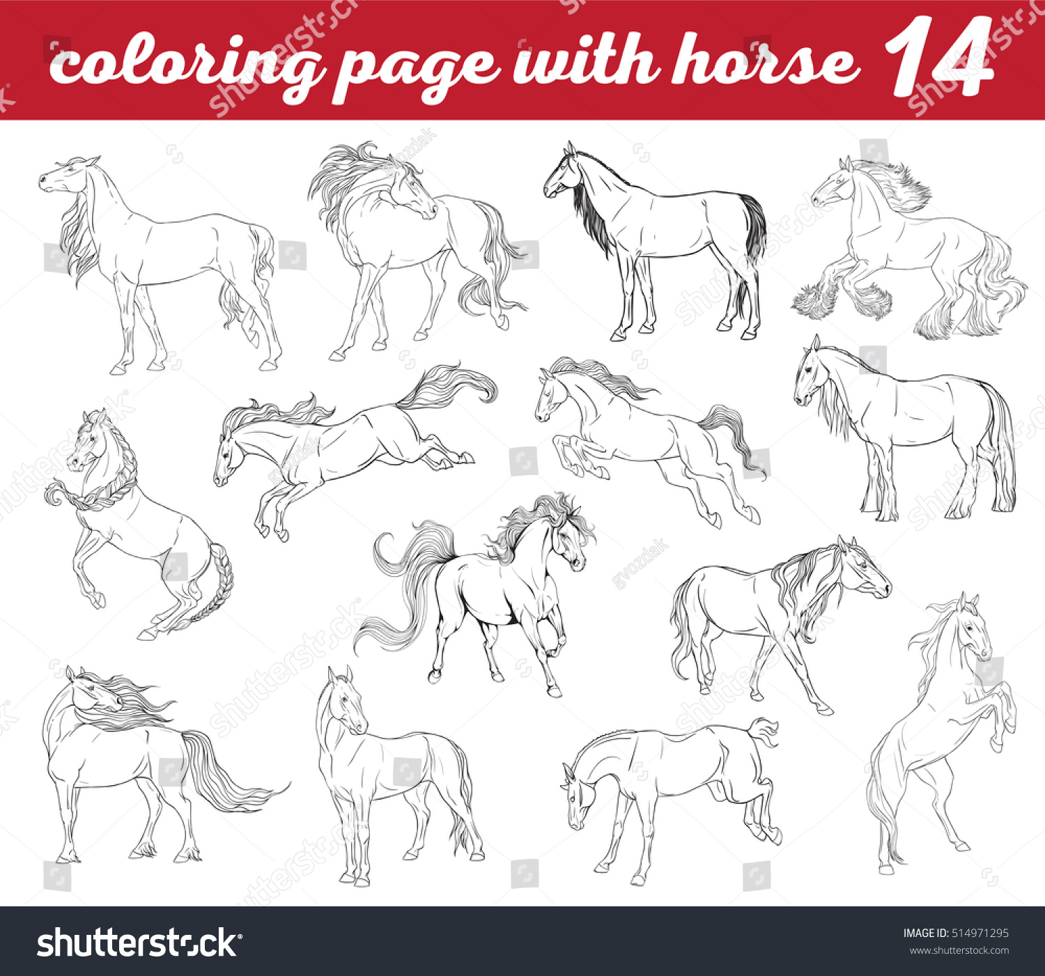 Set 14 Horses Colorings Stock Vector (royalty Free) 514971295