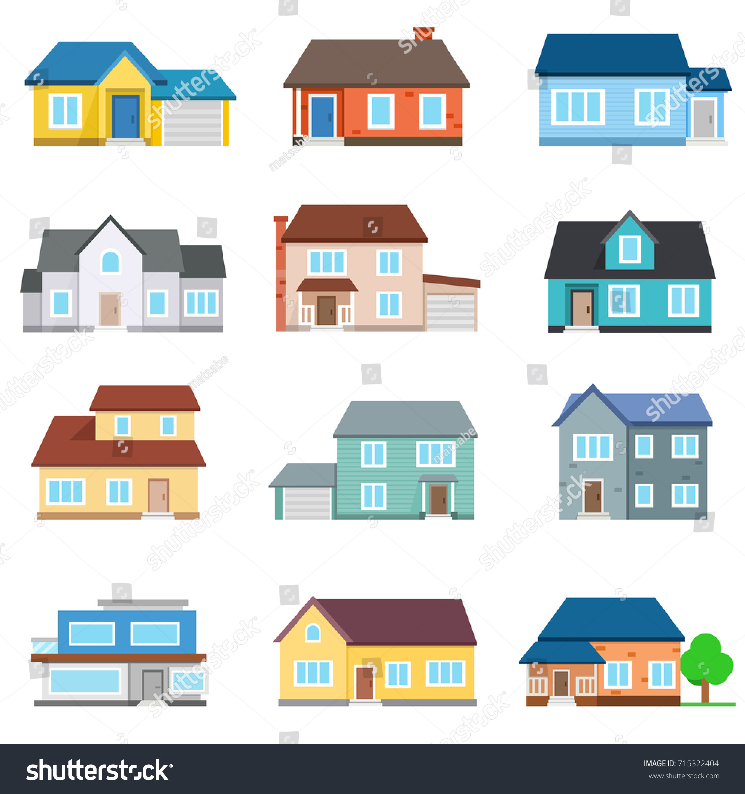 SVG of Set of houses front view. Collection of icons of urban and suburban house, town house, and cottage. Isolated vector illustration svg
