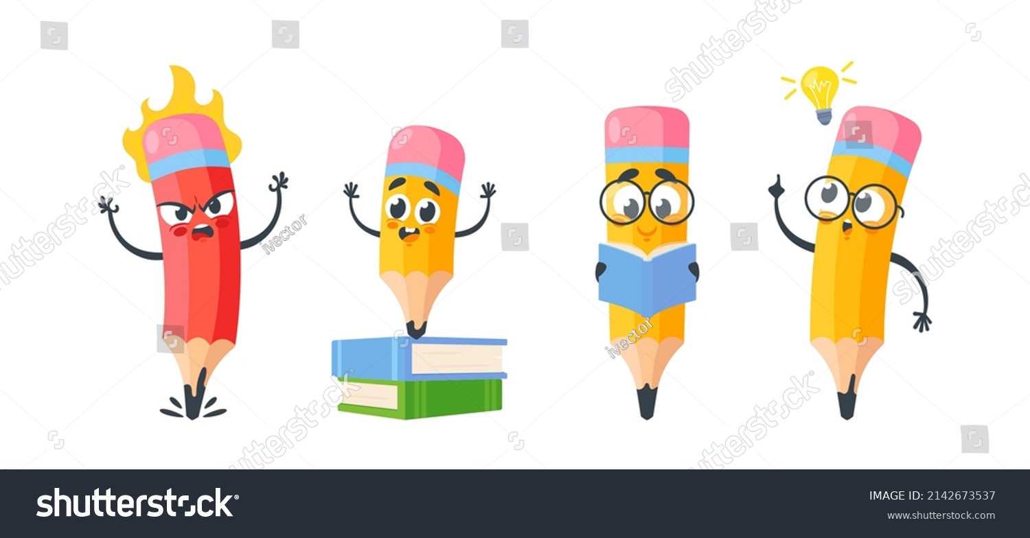 Set Humanized Funny Pencils Cartoon Character Stock Vector (Royalty ...