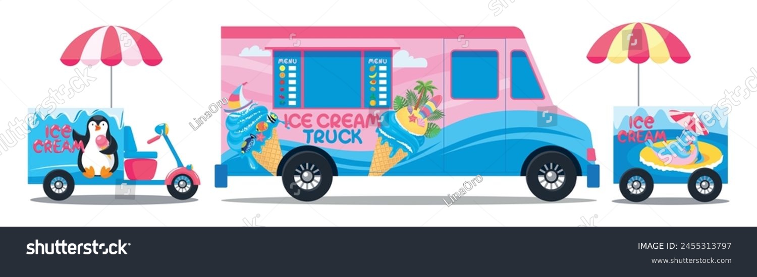 SVG of Set of ice ceam truck, cart and scooter. Mobile refrigerator for selling ice-cream on the street. Weeled vehicle with icebox. Transportable cold storage with frozen gelato. Vector object, sign, symbol svg