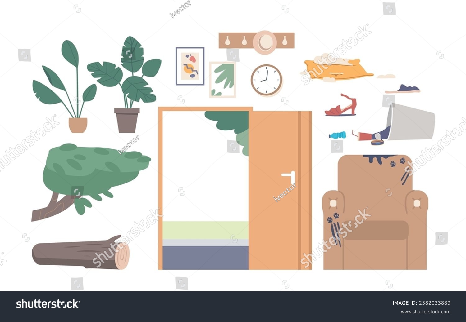 SVG of Set of icons Armchair with Dirty Pet Paw Prints, Broken Pillow, Scatter Mess, open Doorway, Potted Houseplants and Tree svg