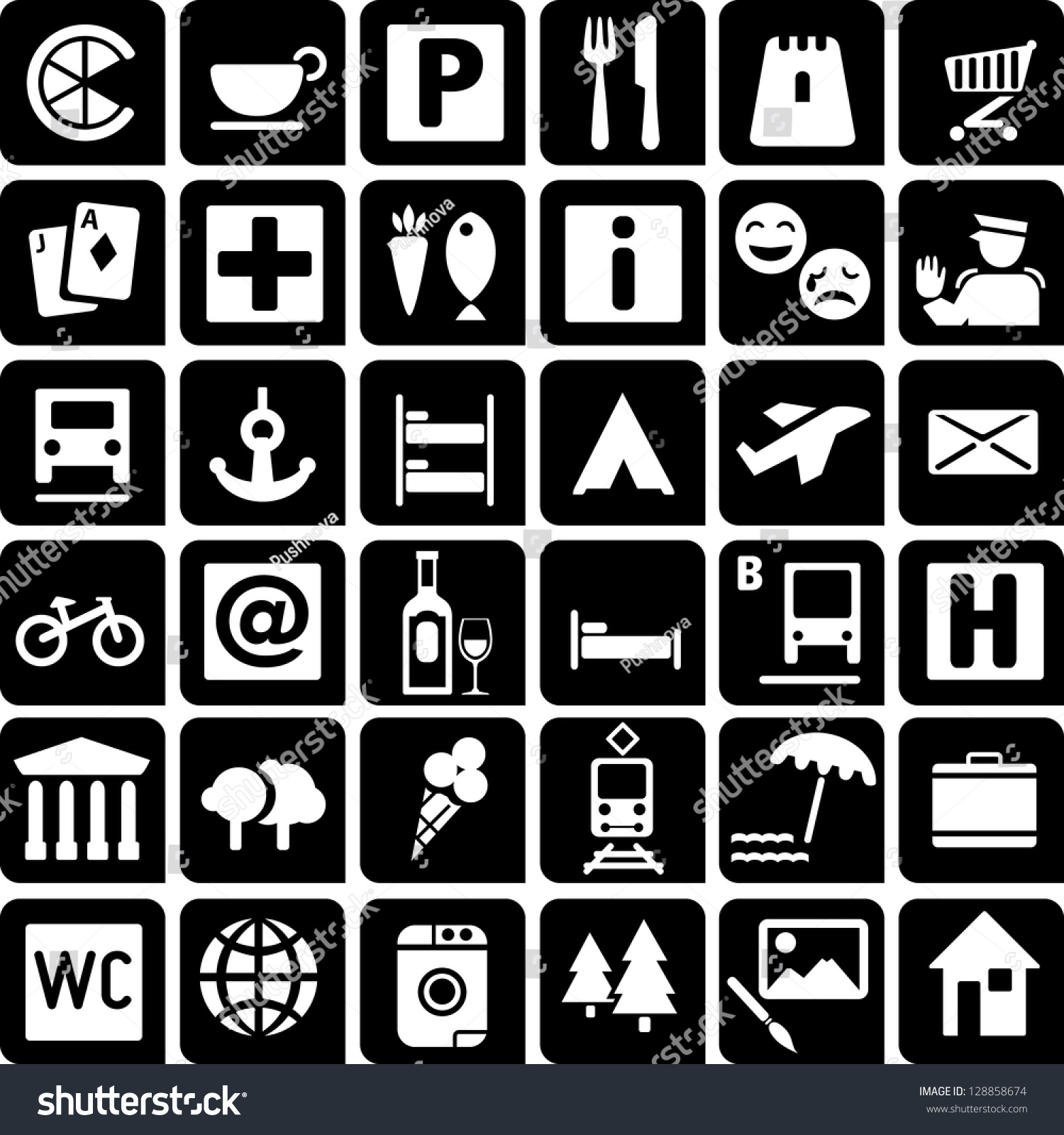 Set 36 Icons Tourist Map Stock Vector Royalty Free 128858674