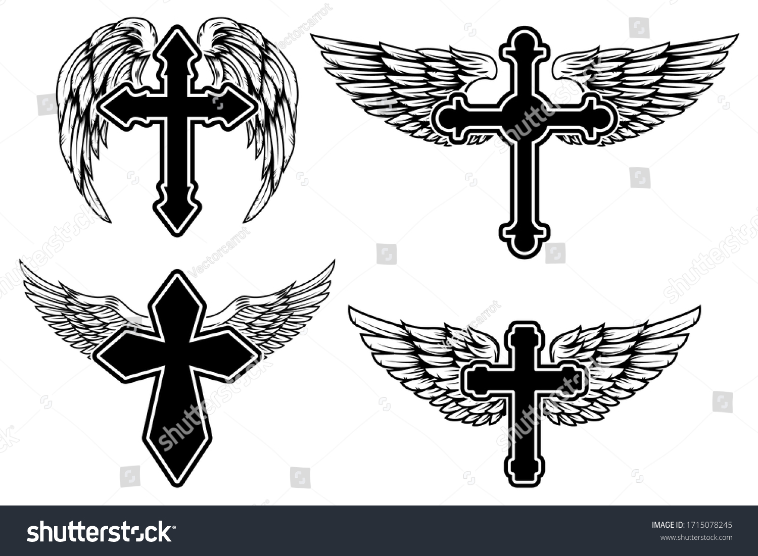 Set Illustrations Winged Christian Religious Crosses Stock Vector ...