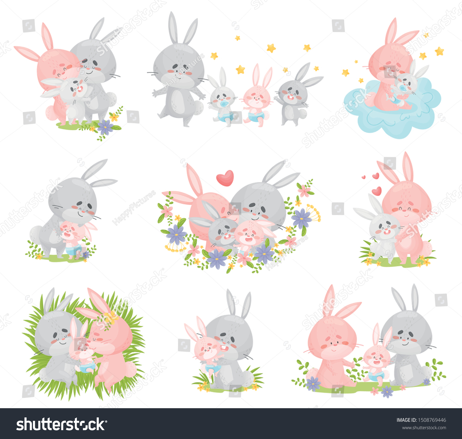 SVG of Set of images of a family of rabbits. Vector illustration on a white background. svg