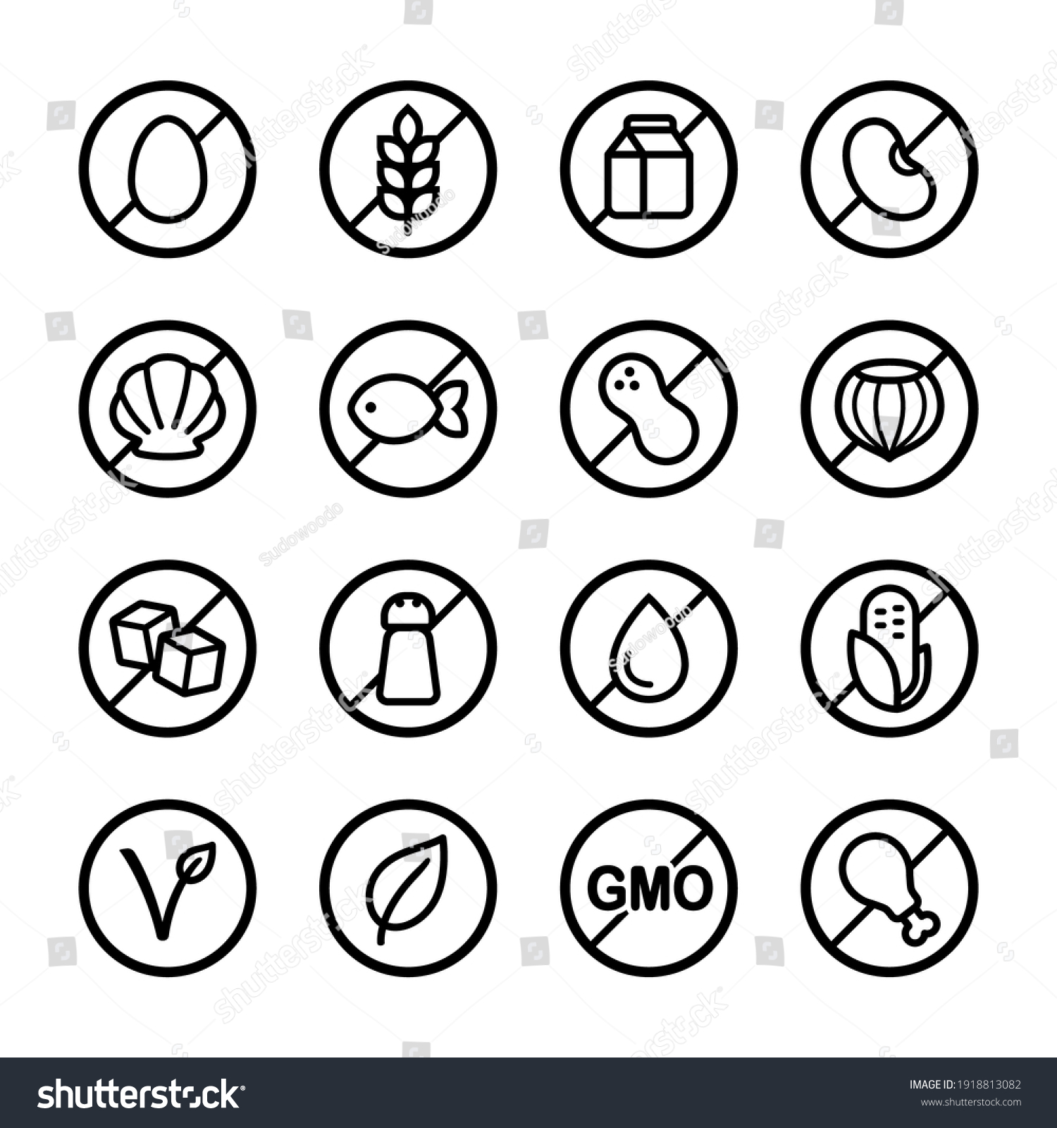SVG of Set of ingredient and diet icons. Common allergens (gluten, dairy, soy, nut and more), sugar, salt and trans fat, vegetarian and organic symbols. svg
