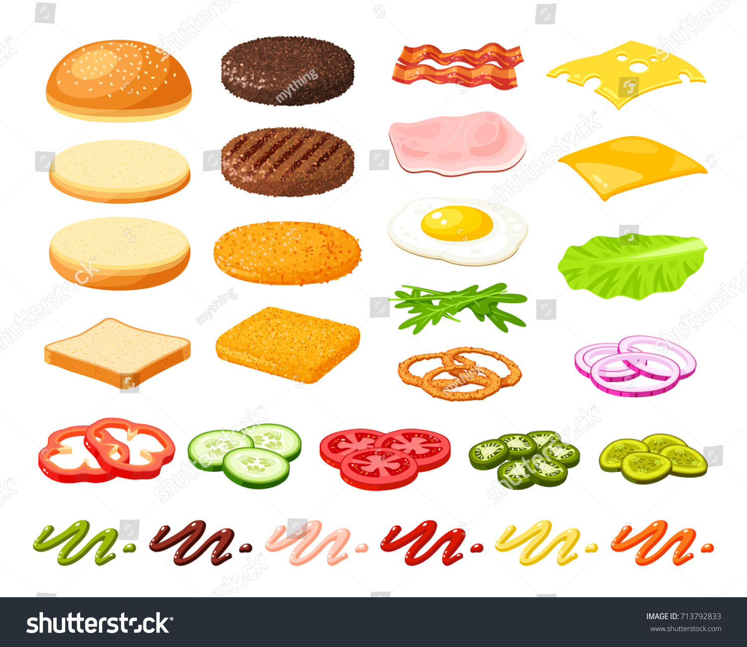 SVG of Set of ingredients for burger and sandwich . Sliced veggies, bun, cutlet, sauce. Vector illustration cartoon flat icon collection isolated on white. svg