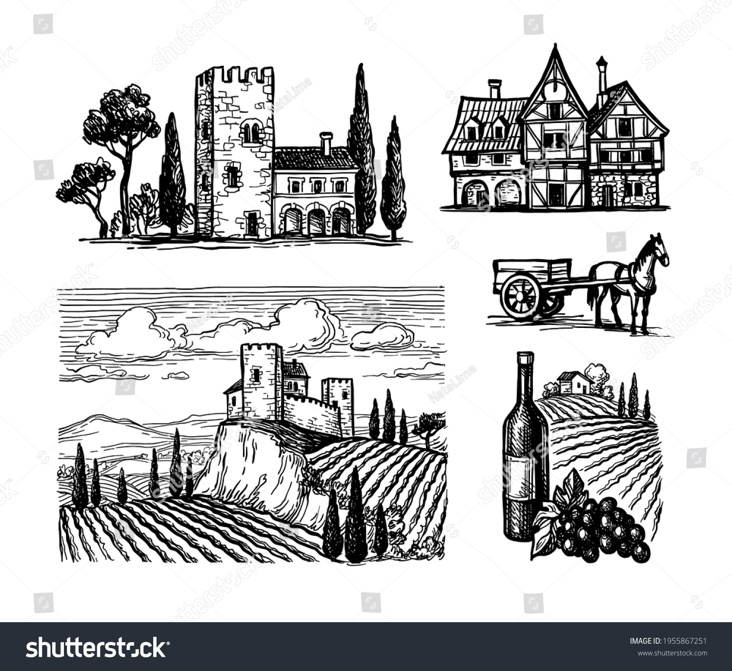 SVG of Set of ink sketches isolated on white background. Vineyard landscape. Old country houses. Horse harnessed to a cart. Wine bottles and bunch of grapes. Hand drawn vector illustration. Retro style. svg