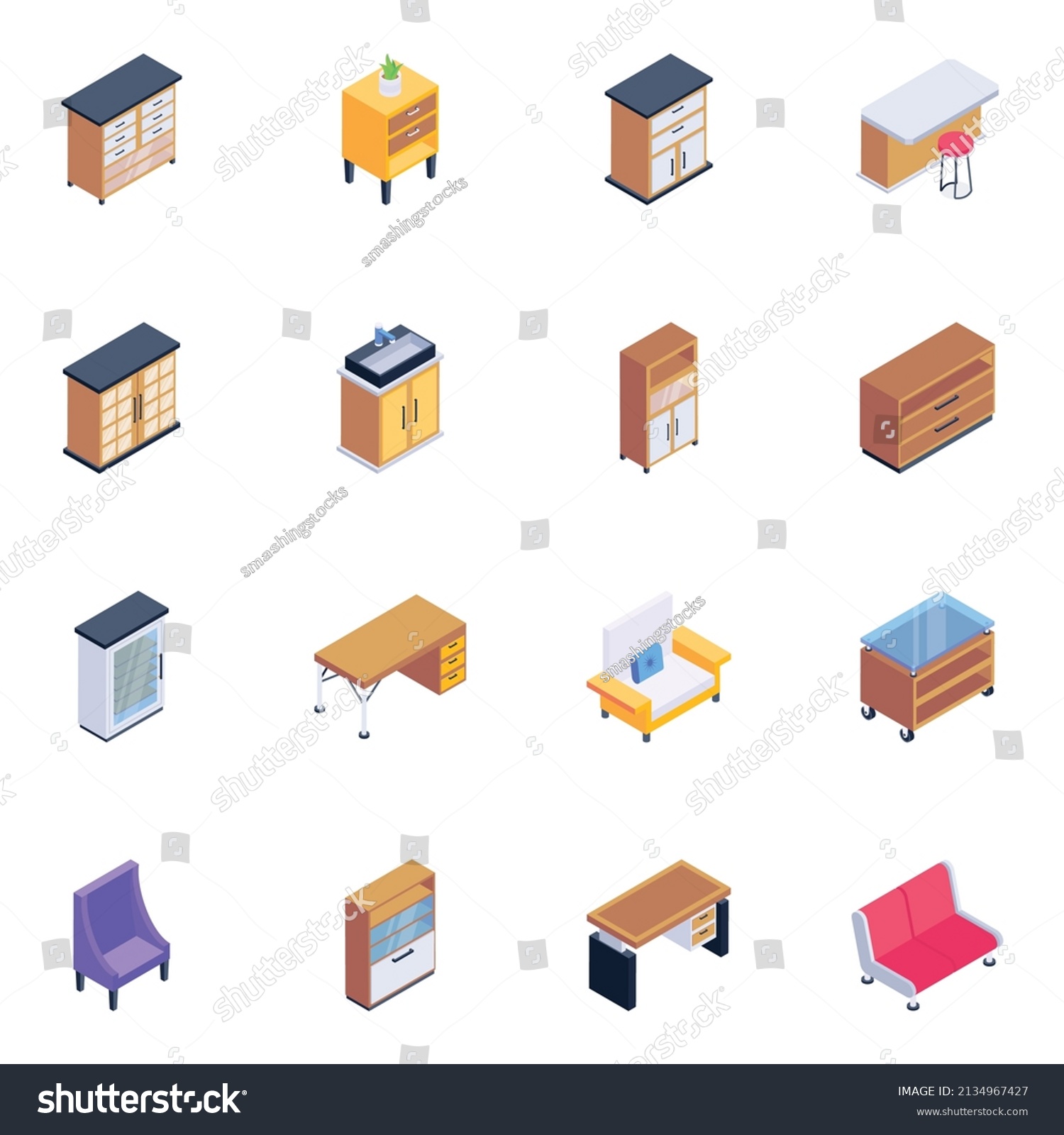 Set Interior Isometric Icons Stock Vector (Royalty Free) 2134967427 ...