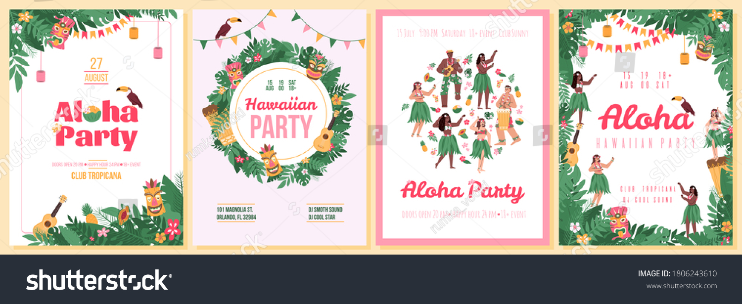 SVG of Set of invitation posters for Hawaiian Aloha party with characters of dancers and tropical plants, flat cartoon vector illustration. Summer party banners. svg