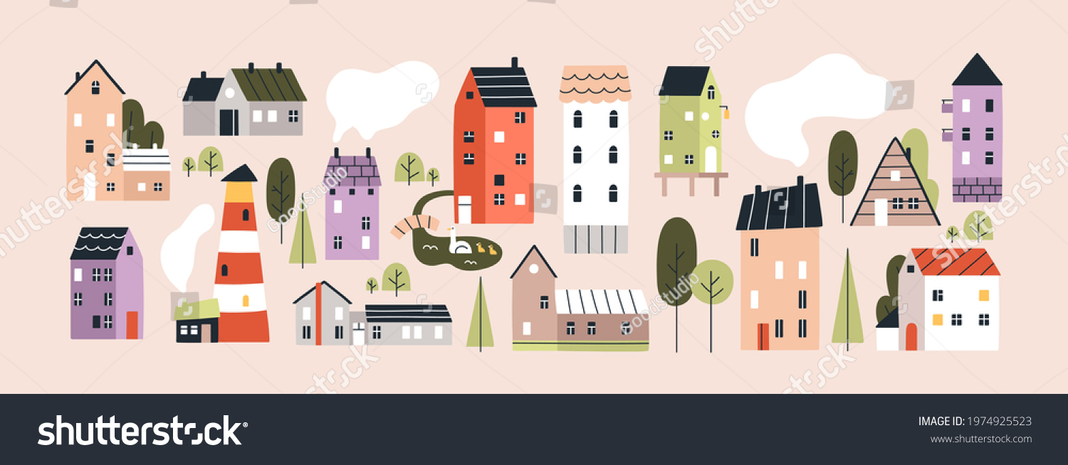SVG of Set of isolated cute tiny houses, small buildings and trees in Scandinavian style. Trendy urban and village homes with windows, roof tiles and chimneys with smoke. Colored flat vector illustration. svg