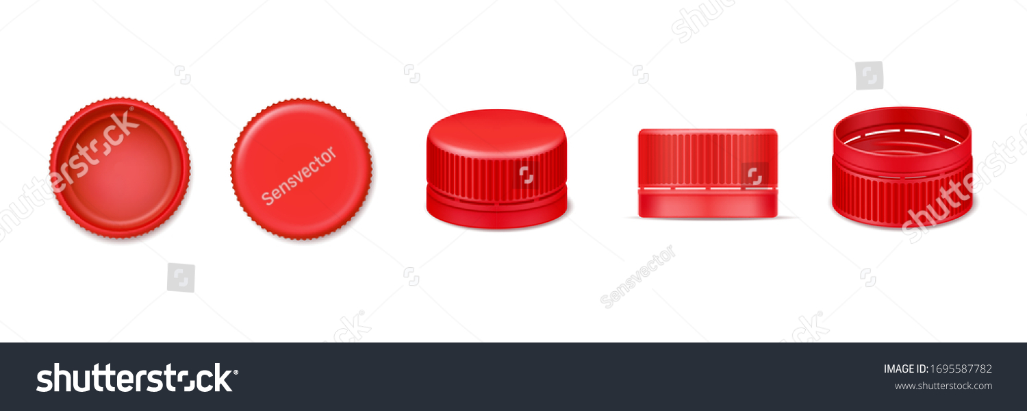 SVG of Set of isolated 3d bottle cap or vector realistic lid for water. Red beverage cover from top and bottom, side view. Design of plastic element for liquid cover. Garbage and recycle, fluid container svg