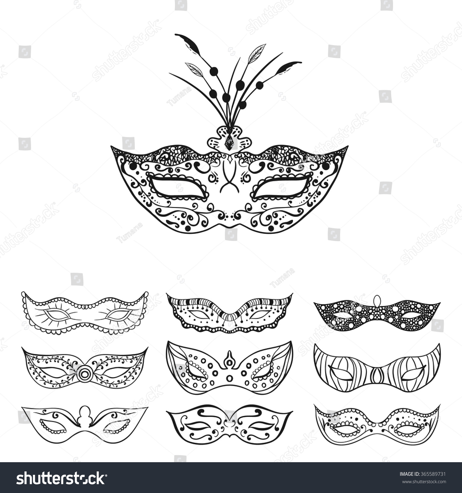 Set Of Isolated Festive Black Hand Drawn Mask Silhouette On The White ...