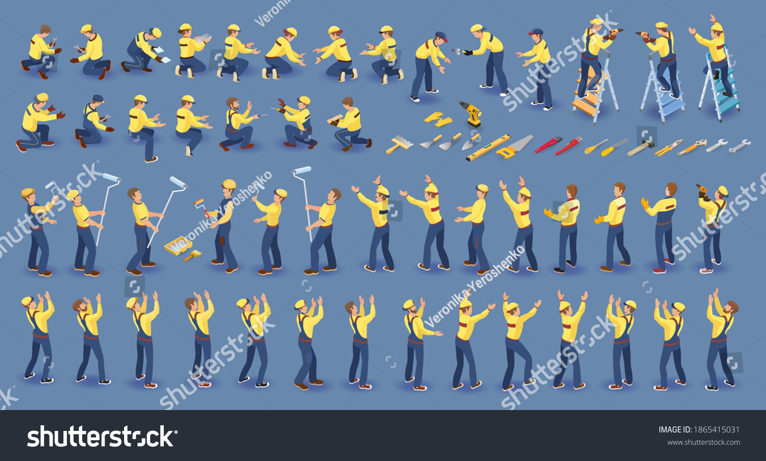 SVG of Set of isometric Workers. Repairers in overall, various poses, standing, working. Builder Isolated on blue. Collection with construction workers team. Masters, tools. Vector flat 3D isometric set. svg