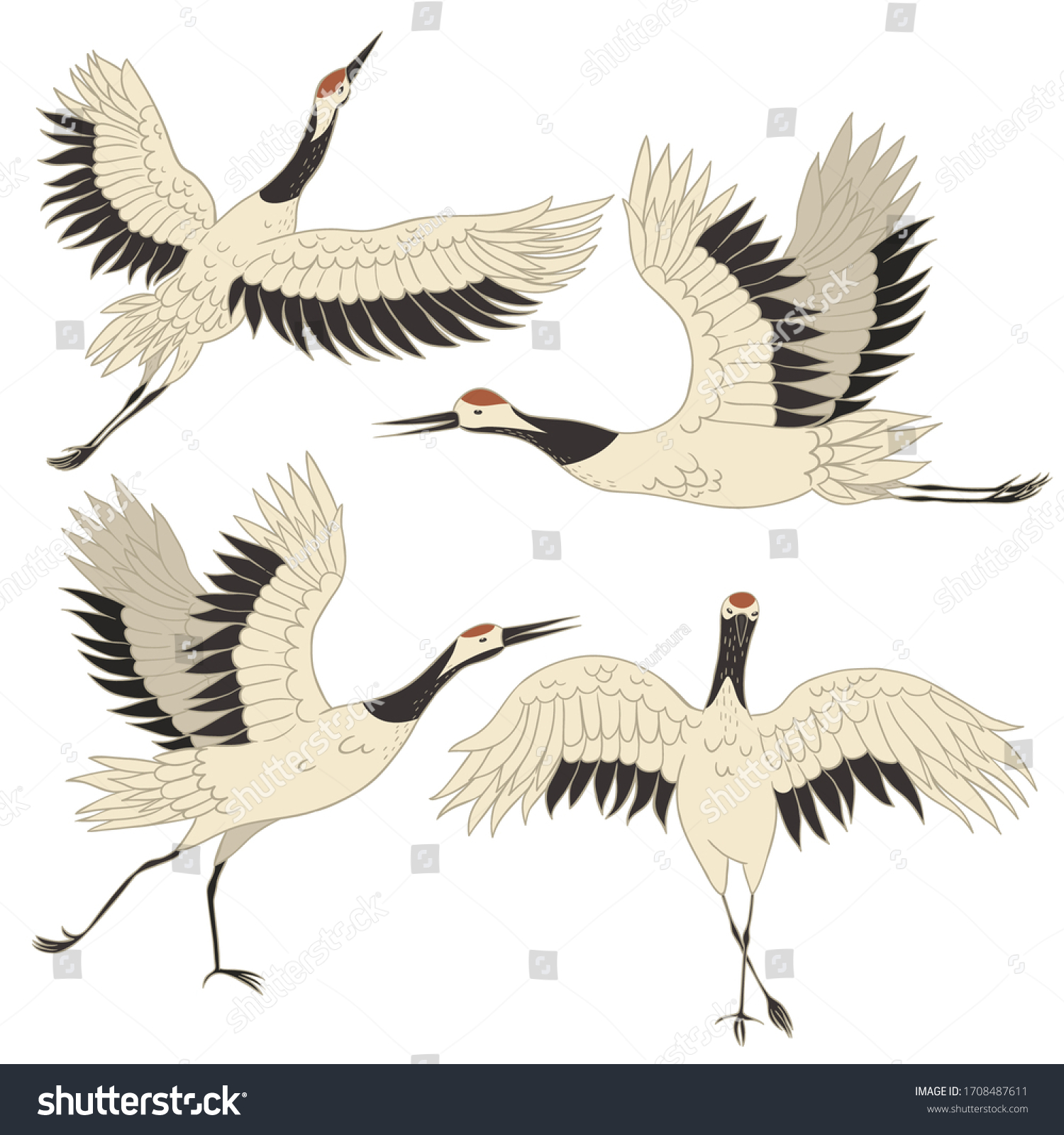 Set Japanese Crane Birds Isolated On Stock Vector Royalty Free 1708487611