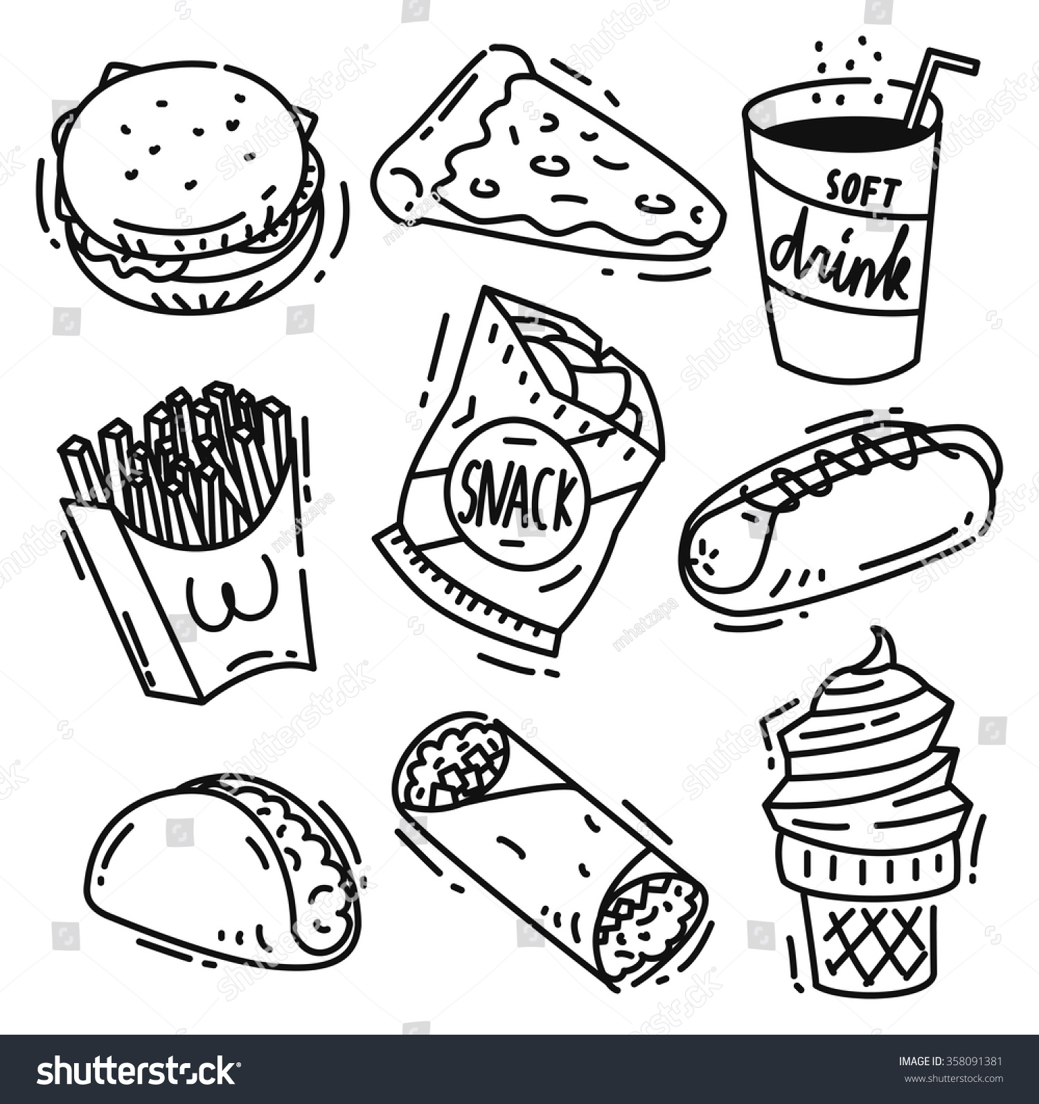 Set Of Junk Food Icon Doodle Isolated On White Background. Burger ...