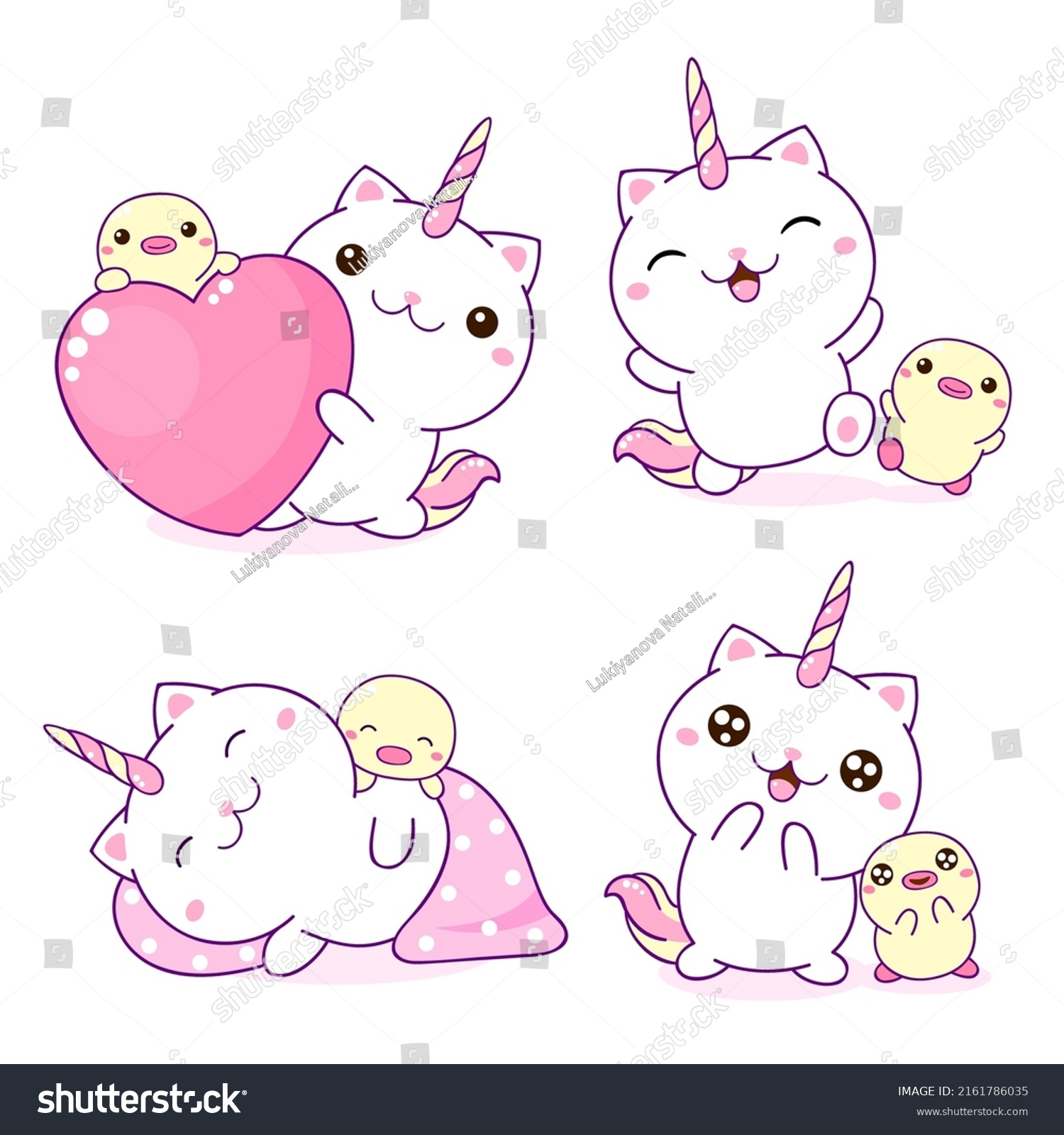 SVG of Set of kawaii caticorn and duckling. Cute little friends - duck and caticorn playing, sleeping, with heart. Vector illustration EPS8 svg