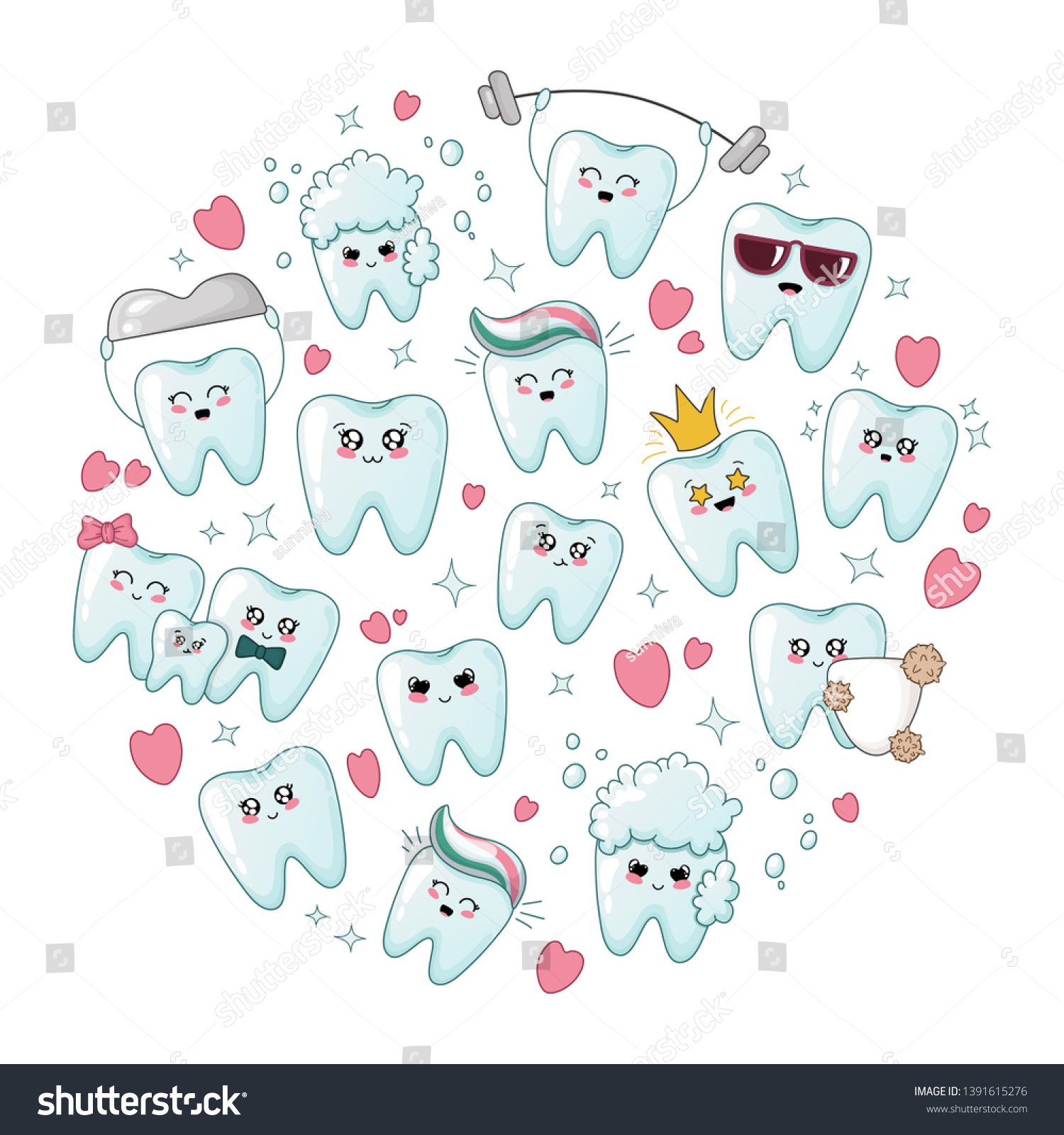 絵文字が違うかわいい健康歯 丸い組成の歯 漫画のキャラクター 治療と口腔衛生 歯科ケアのコンセプト ベクターフラットイラスト のベクター画像素材 ロイヤリティフリー