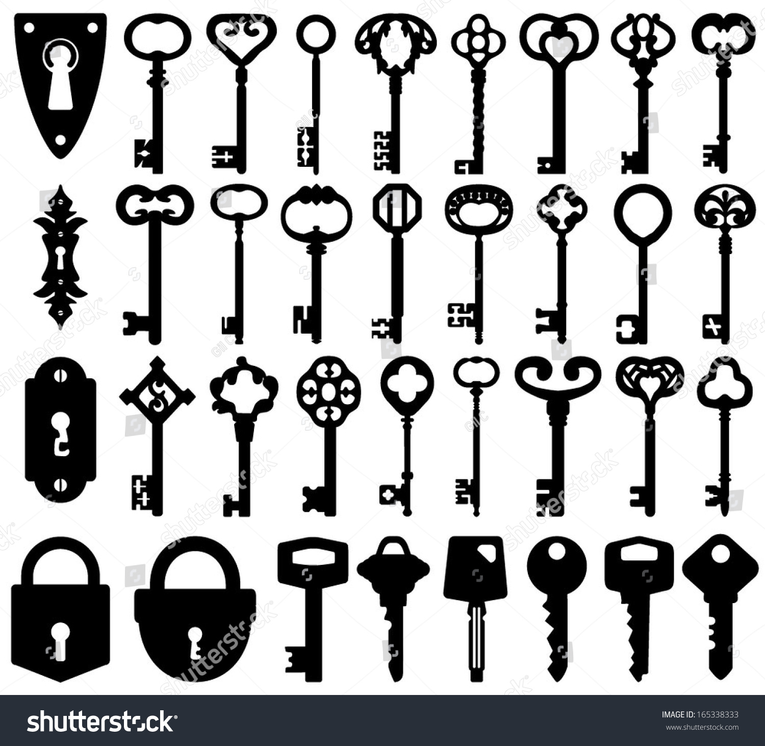 Set Of Keyholes, Modern Keys, Decorative Old Keys And Locks Icons ...