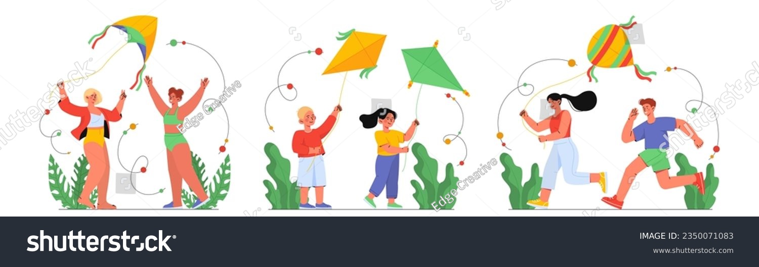 SVG of Set of kids with kites concept. Boys and girls with toys outdoor. Active lifestyle and leisure. Children having fun together. Cartoon flat vector collection isolated on white background svg