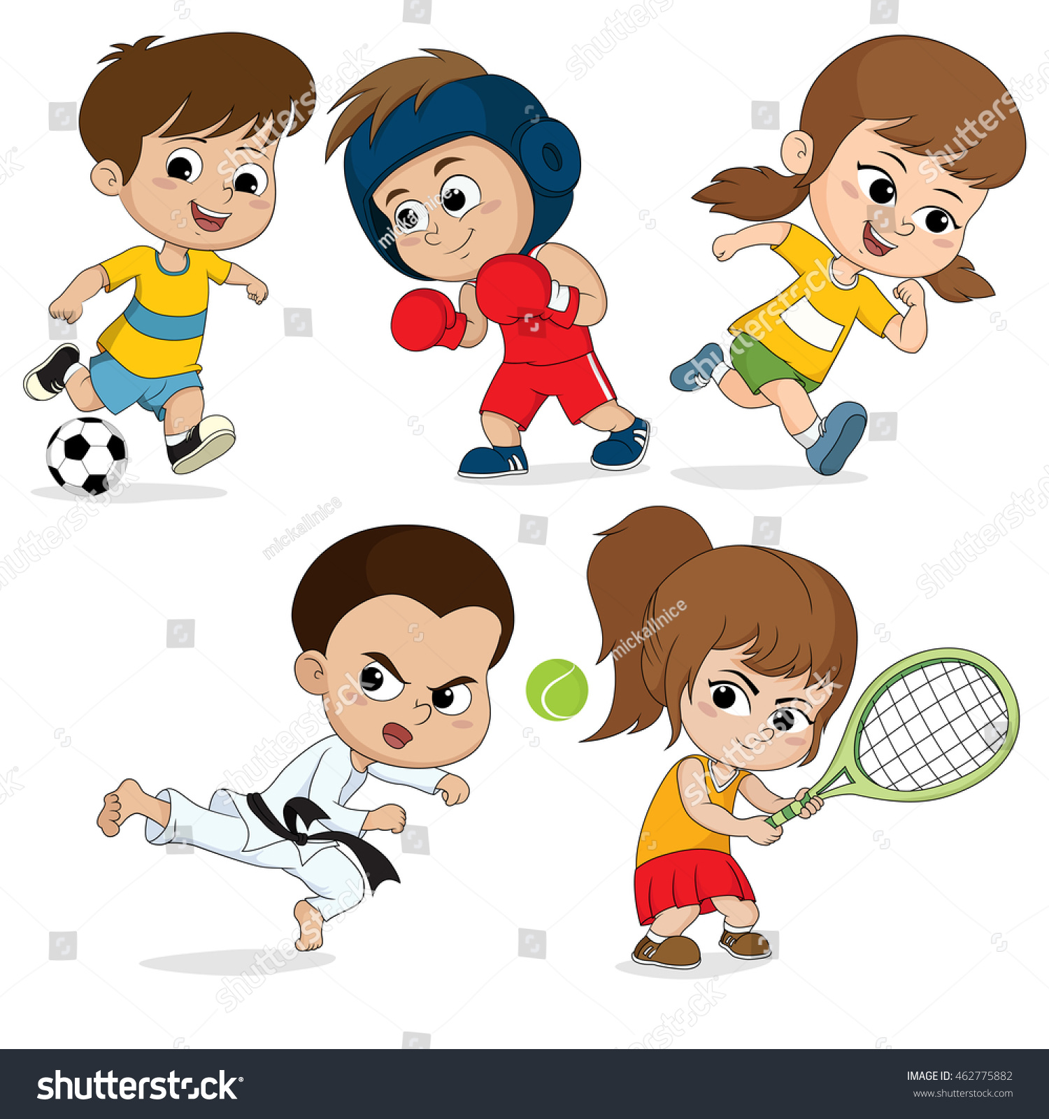 Set Kidsportschildren Football Taekwondoboxing Runningtennisvector ...