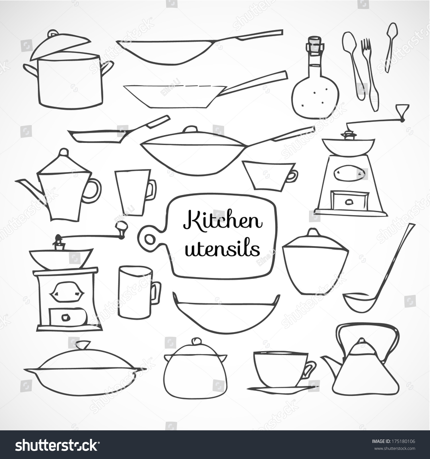 Set Of Kitchen Tools Sketches Isolated On White. Vector Illustration ...