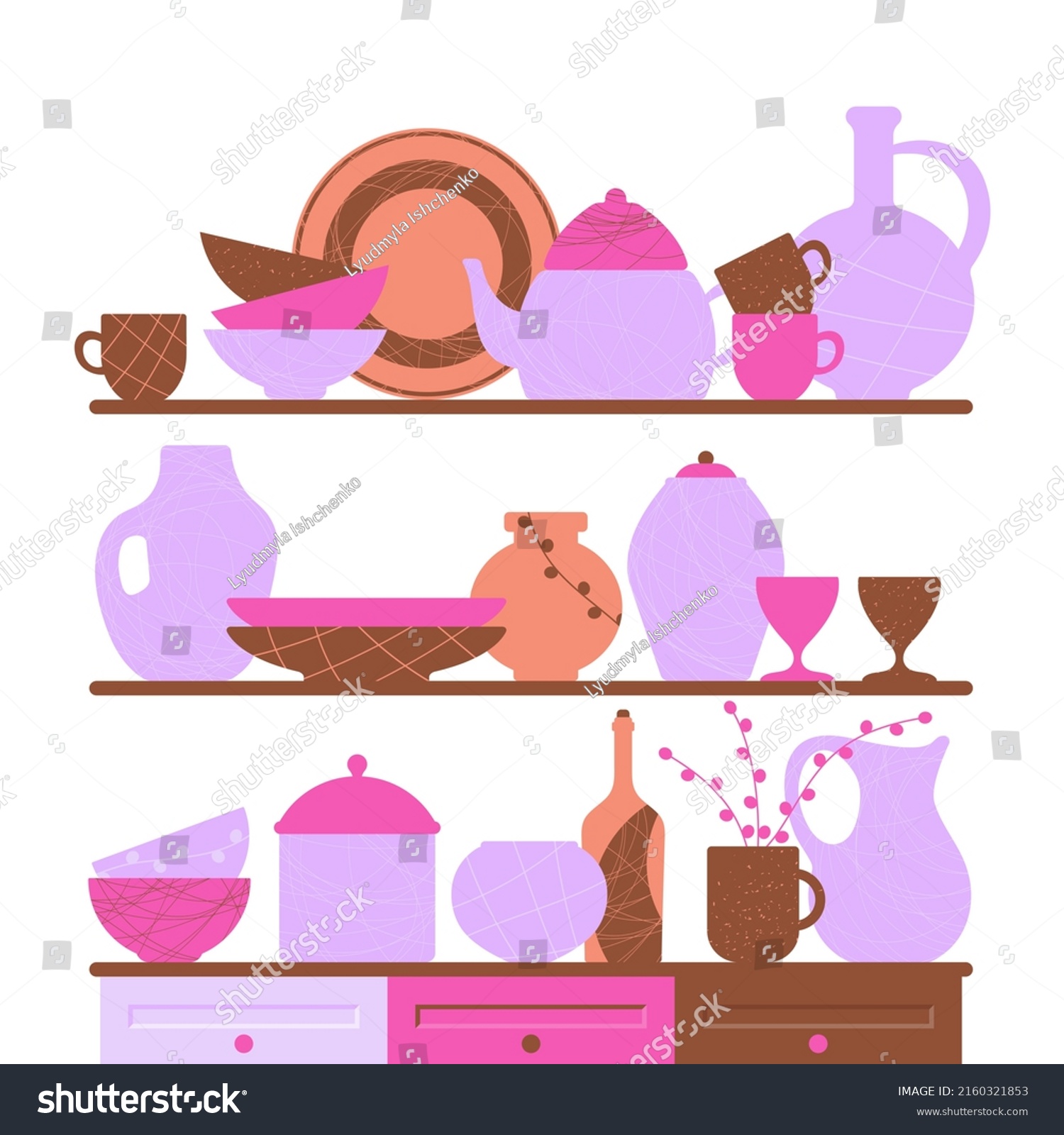 Stock Vector Set Of Kitchen Utensils Cute Flat Vector Illustration Collection Of Bowls Plates Vases Dishes 2160321853 
