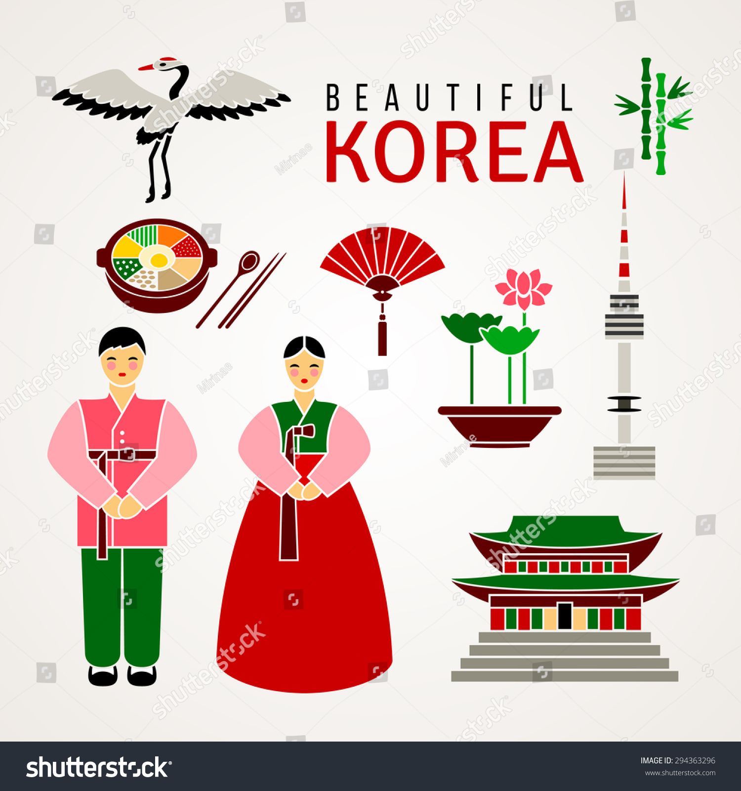 stock-vector-set-of-korean-cultural-symbols-man-and-woman-in-traditional-clothes-palace-lotus-flower-paper-294363296.jpg