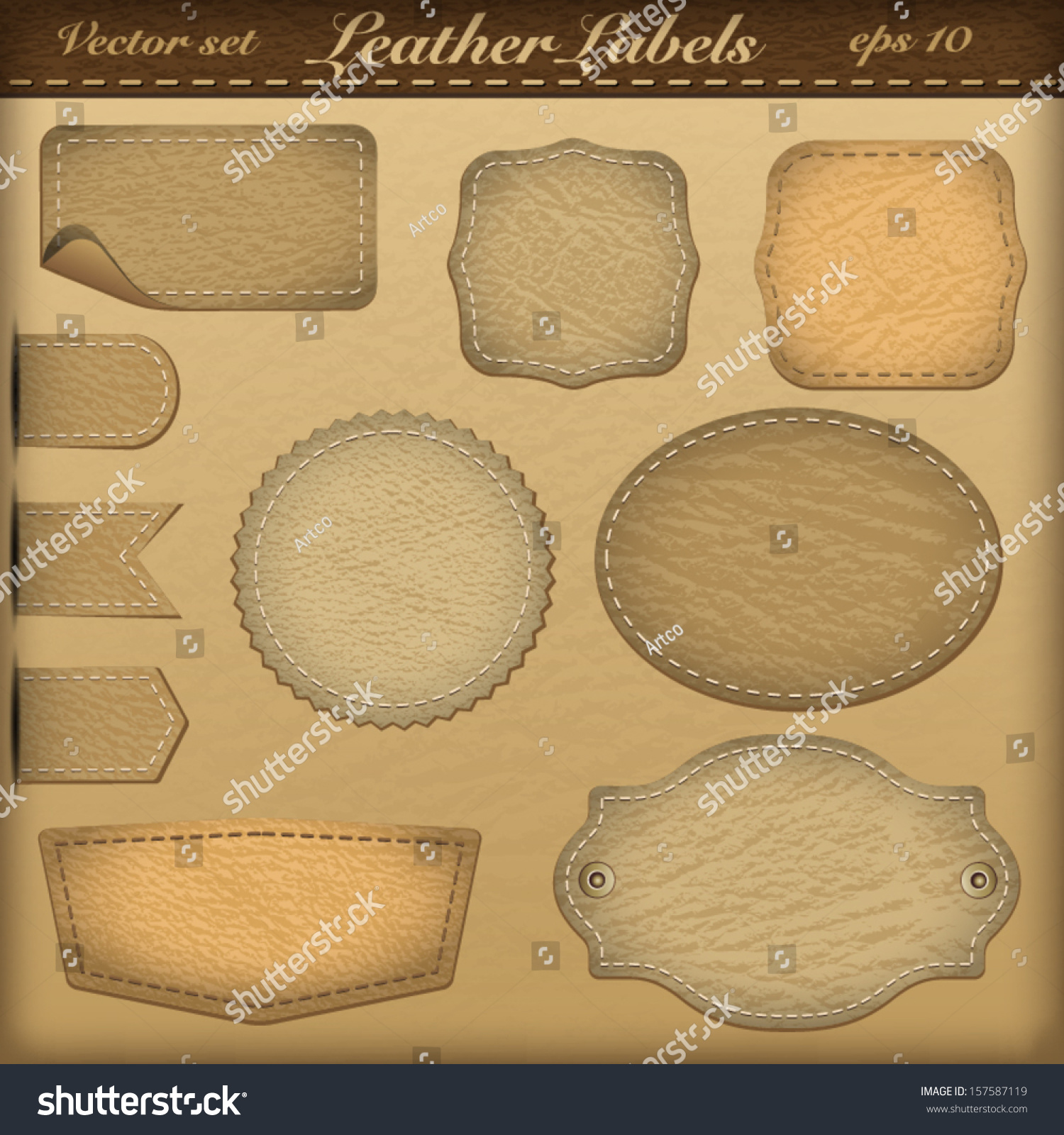Set Of Labels With Stitching And Leather Texture In Brown Colors Stock ...